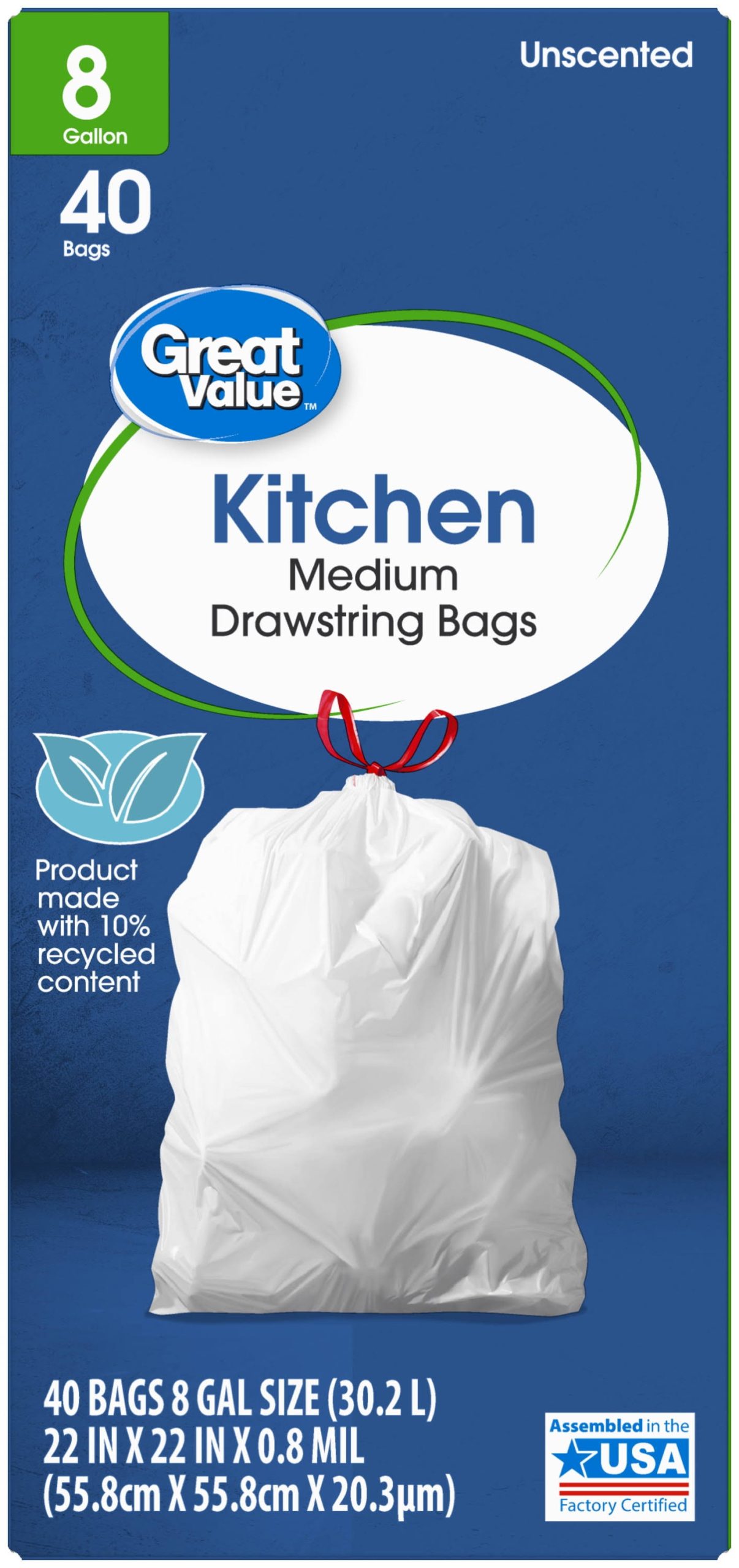 d9a733910abb5a4910041f9f511f3de35458a16f44c2a5eac865cb5c85e3b726.jpg Great Value Medium Kitchen Trash Bags, 8 Gallon, 40 Bags (Drawstring) - Image 1