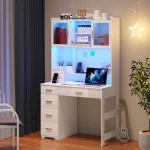HNEBC LED Study Desk with Hutch and Drawer, Home Office Desk with Outlet, Computer Desk with Charging Station, Writing Desk for Bedroom, Workstation for Small Space