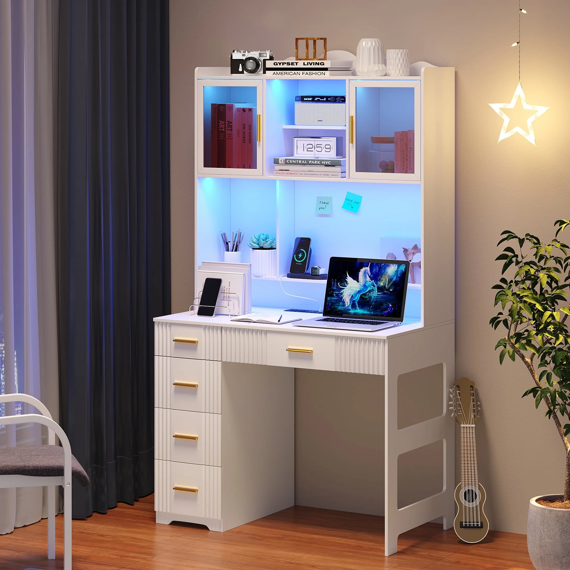 d9a778b43ef9f0a004486eaff6e0e01f62cfdd655bbb76fa708ea8060a036b9e.webp HNEBC LED Study Desk with Hutch and Drawer, Home Office Desk with Outlet, Computer Desk with Charging Station, Writing Desk for Bedroom, Workstation for Small Space - Image 1
