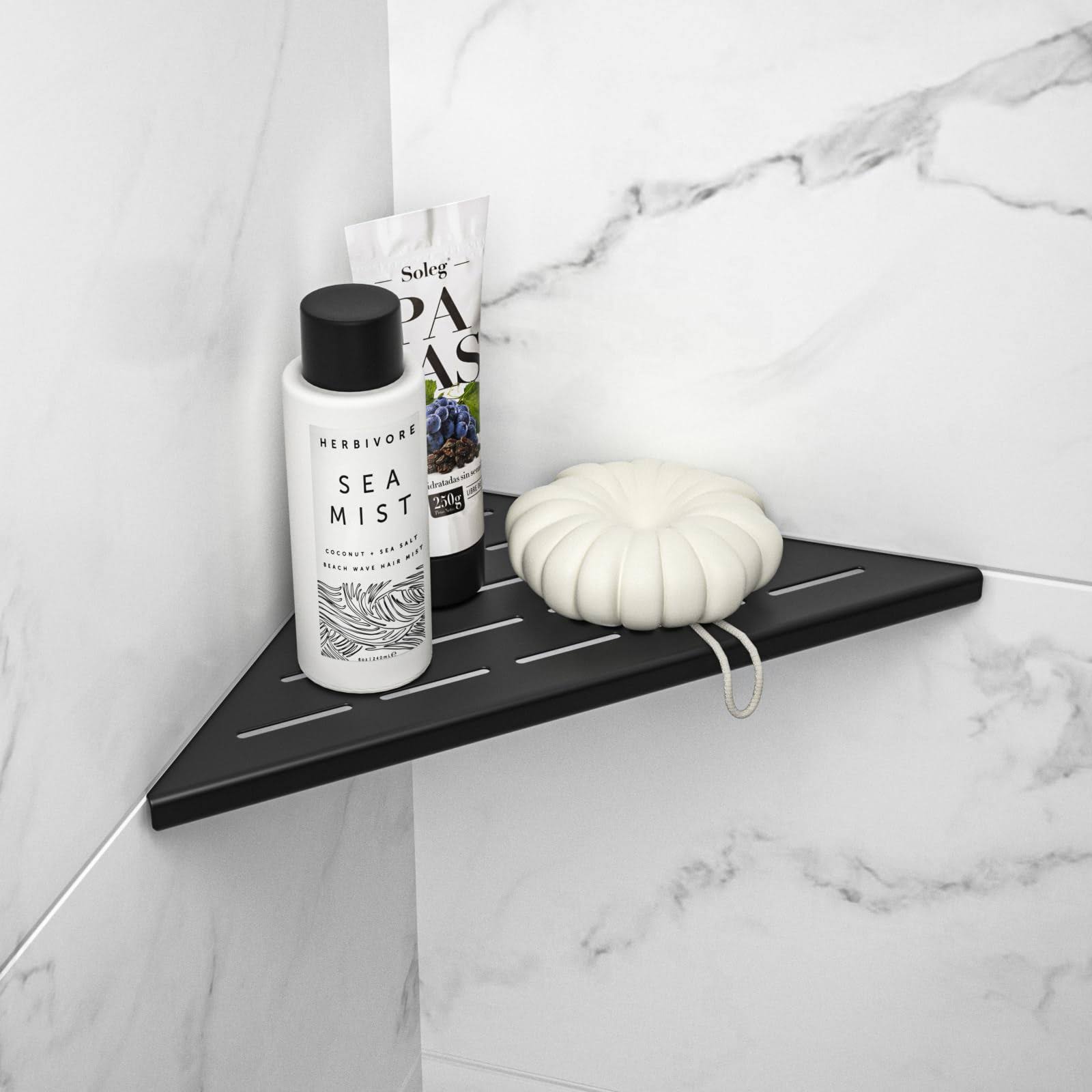 da133901318b9ef6657f24b0d4661f8c9182f5d15b858640f1d929ac54998eaa.jpg Bernkot Corner Shower Shelf 10" Matte Black 304 Stainless Steel Slot Design Recessed Corner Shelf Bathroom Shower Shelf for Tiled Wall, No Drilling - Image 1