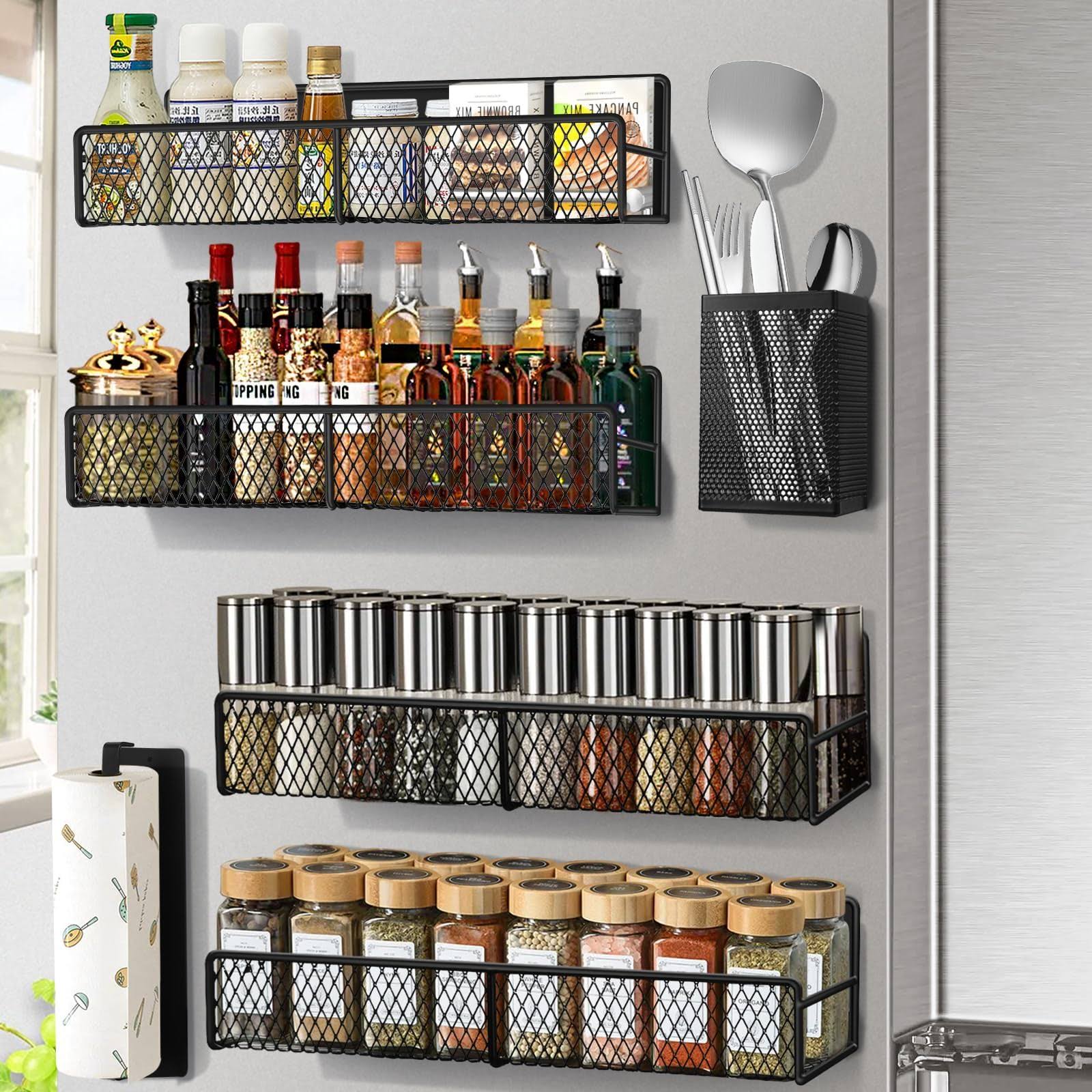 da14c0e6842cb7d05f96004159d4fef23ee916028a9e396d43132dd92e9678a0.jpg DTUQYX Magnetic Spice Rack, Refrigerator Organizer, 6 Pack Metal Black Magnetic Shelf with Paper Towel Holder, Utensils Holder, Strong Magnets, - Image 1