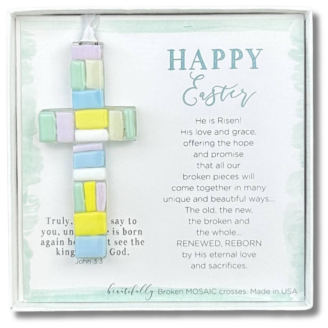 da414b9b60bd6a1495c6f80ff66ae7b69974b8711c4a9e81cfed24f55c33b13e.jpg Handmade Mosaic Glass Happy Easter Cross - Image 1