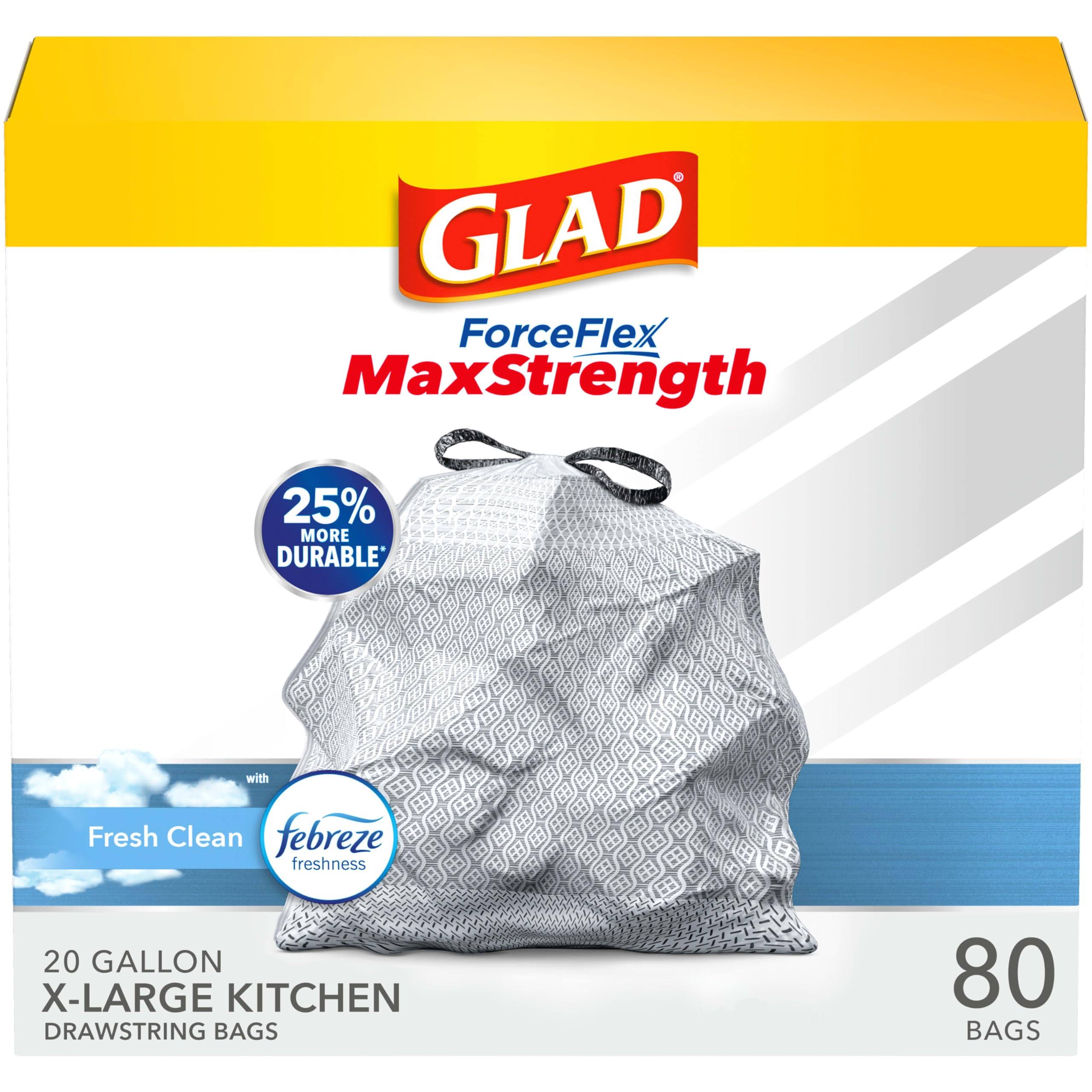 da4d8655e04d4dce74d0c0472e06eb0b5abf7c087945f9cc39bfc1621cb2bd0a.jpg Glad ForceFlex Kitchen Pro Drawstring Trash Bags - Fresh Clean - 20 Gallon - 80 Count - Image 1