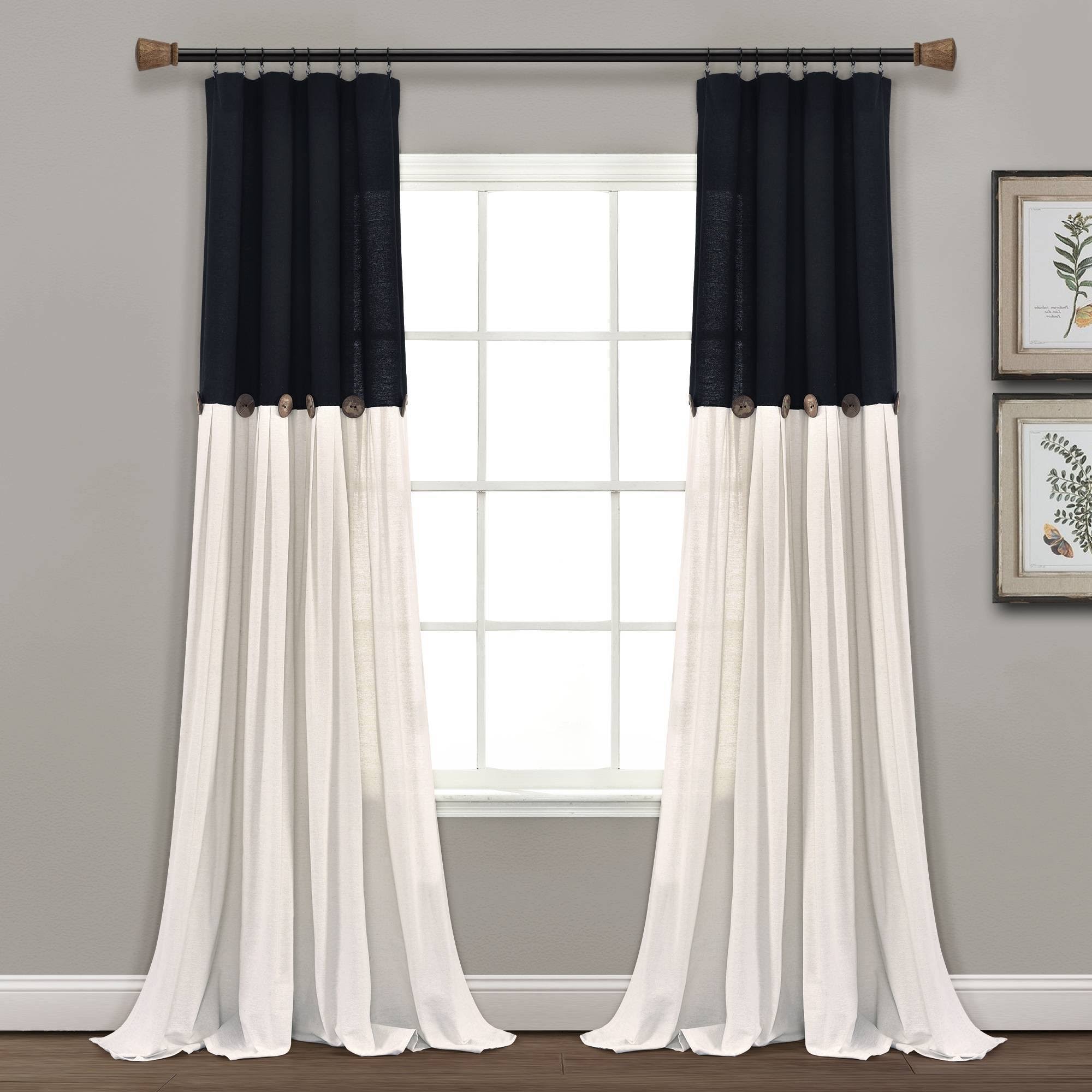 da4e3742a0eb341347f1a5b86e29bd850b2cc034ed6cba1d81a8dbe6662a56ad.jpg Lush Decor Linen Button Single Panel Window Curtain - 84"L x 40"W - Black & White - Image 1