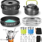 16pcs Camping Cookware Set with Folding Camping Stove, Non - Stick Lightweight Pot Pan Kettle Set with Stainless Steel Cups Plates Forks Knives Spoons for Camping Backpacking Outdoor Picnic