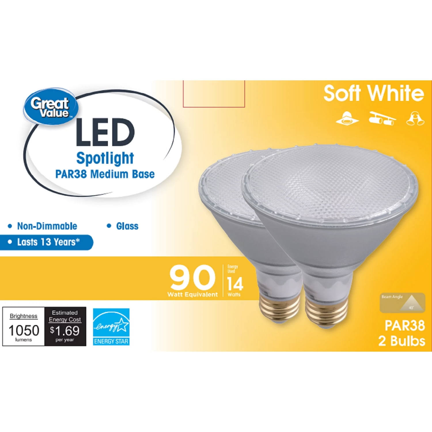 da69e06ec401d25d2674a18a6b6f9ba76a44239379a77c87016fc5ce9248a6f8.jpg Great Value LED Light Bulb 90W Eqv. PAR38 Warmwhite 2 Pack - Image 1