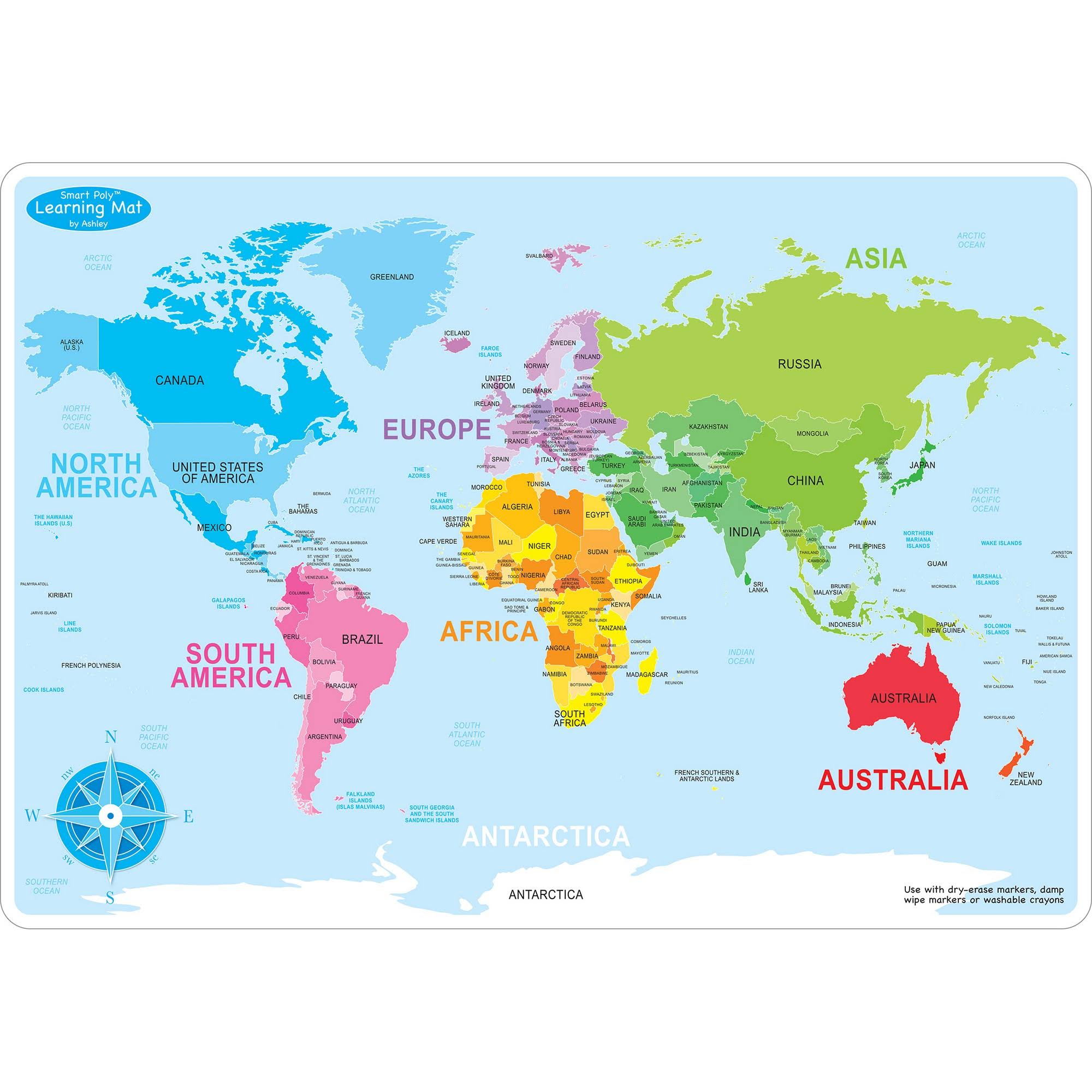 dad1fd026bbd24e4ce2f2d7dce8ce3ae1c1ebc5baf222921abd1652a248c1955.jpg Ashley Productions 10pk World Map Learn Mat 2 Sided - Image 1
