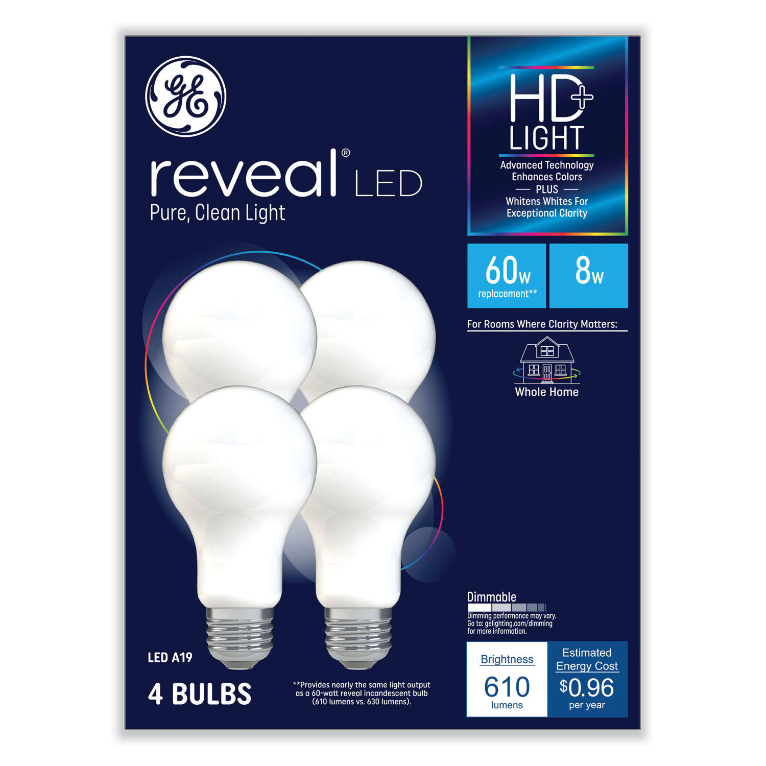 db14db47f740404d0c3582abadf9f5d5d31f7cd850aaaada5db06a052a3c44e8.jpg GE Reveal HD+ LED A19 Light Bulb, 8 W, 4/Pack - Image 1