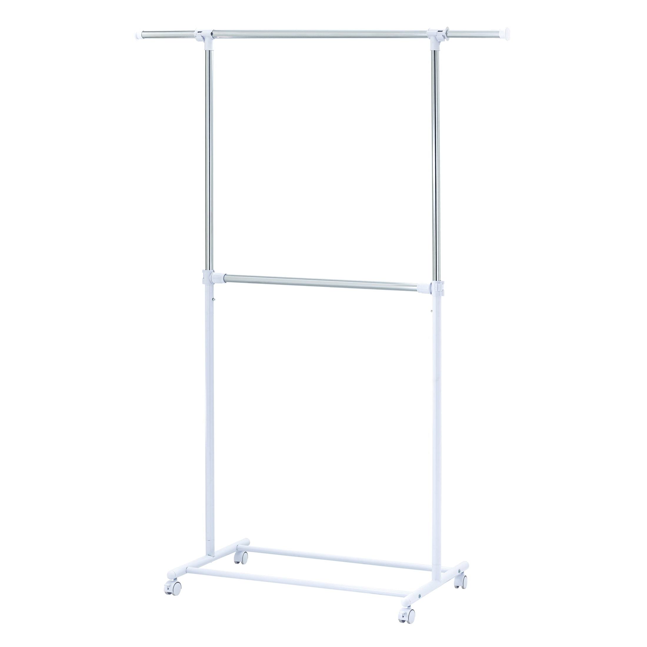 db7af0bdccb28963d3055f0f7869c0e6202948f8e93ccc98d9890d889a42f9a0.jpg Mainstays 2 Tier Adjustable Chrome Garment Rack with Silver Metal and White Rod - Image 1