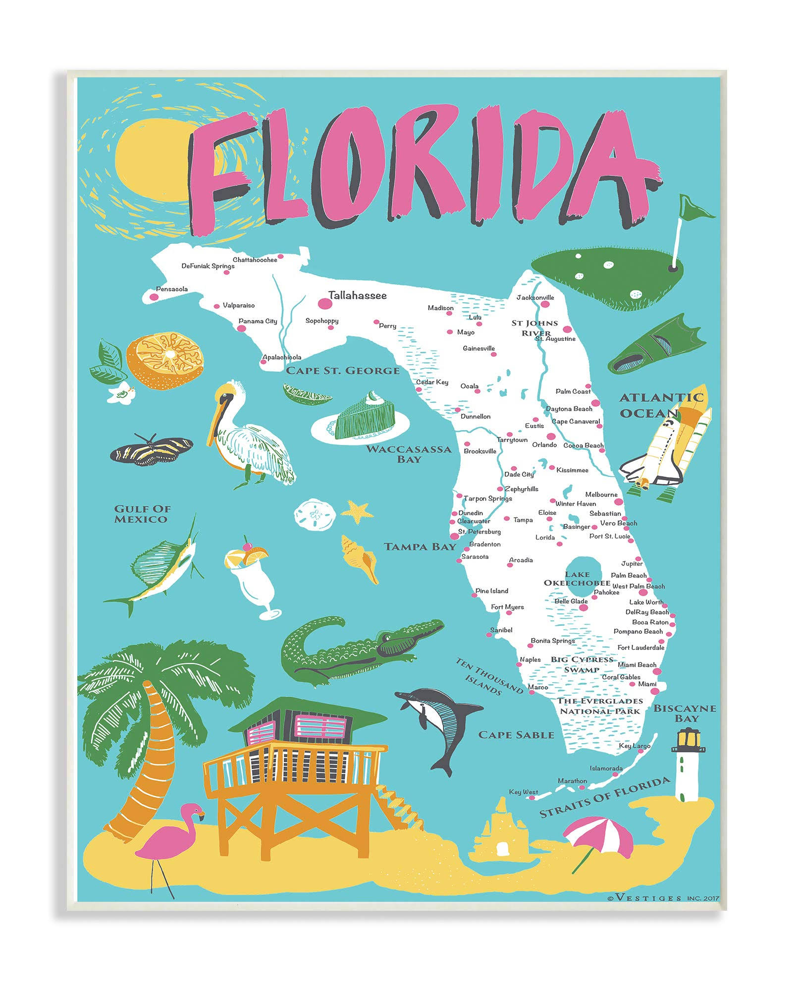 dba3359c9a2bea3d960c60849b7534eb87b670f1cc332dfc43fa4955ee6080ef.jpg The Stupell Home Decor Collection Florida Teal Blue and Pink Illustrated scenic Map Poster Wall Plaque Art - Image 1