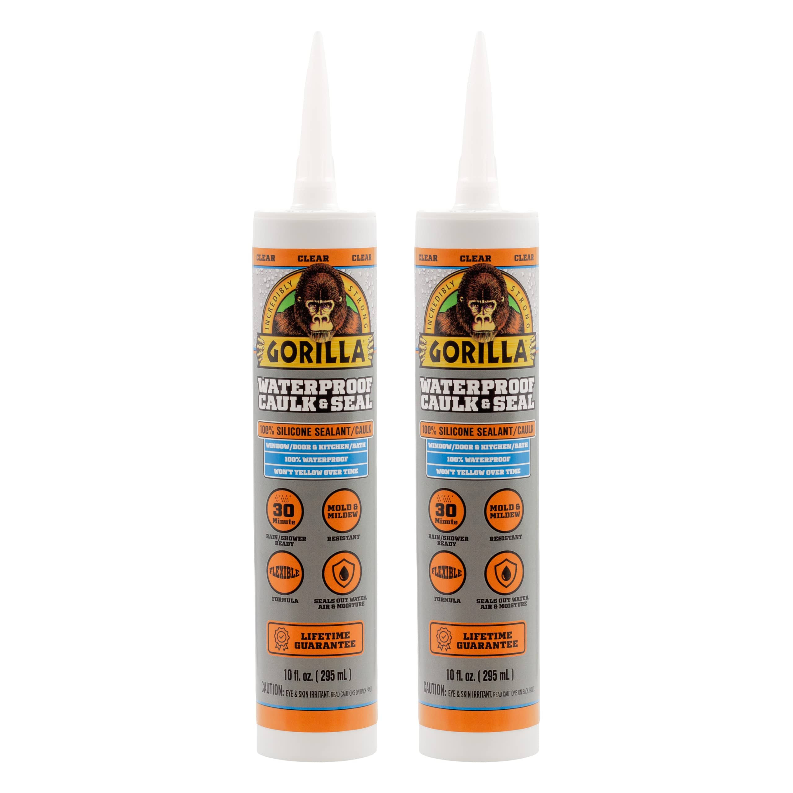 dc28ae480cf5301ed0205da826ce1d6f17b13c2e23320e3c50170c925e869a12.jpg Gorilla Waterproof Caulk & Seal 100% Silicone Sealant, 10oz Cartridge, Clear (Pack of 2) - Image 1