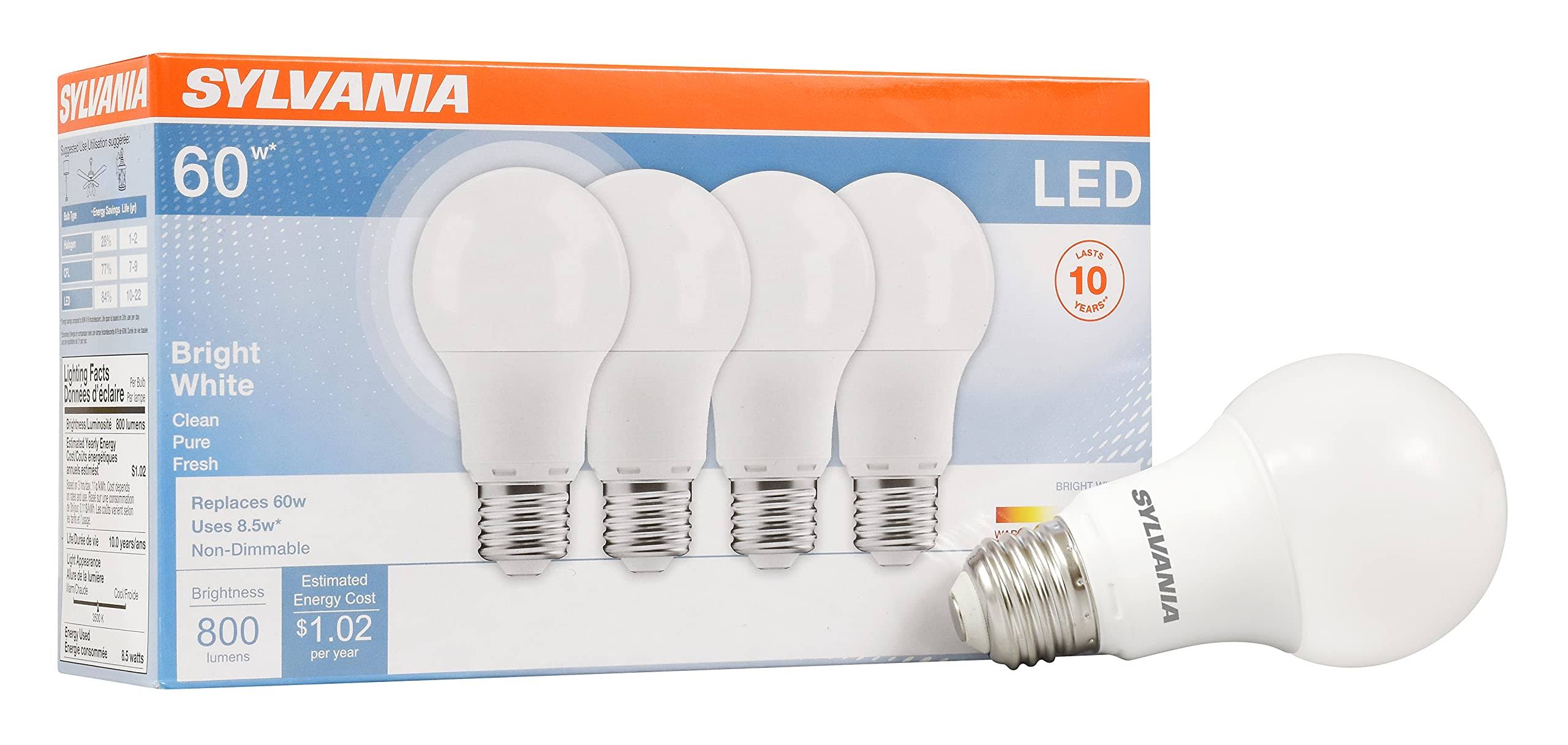 dc34064976d3644efed5e4a836fd21f6a4952706b79c937c119626168c8b241f.jpg Sylvania Light Bulbs, LED, Bright White, 8.5 Watts - 4 bulbs - Image 1