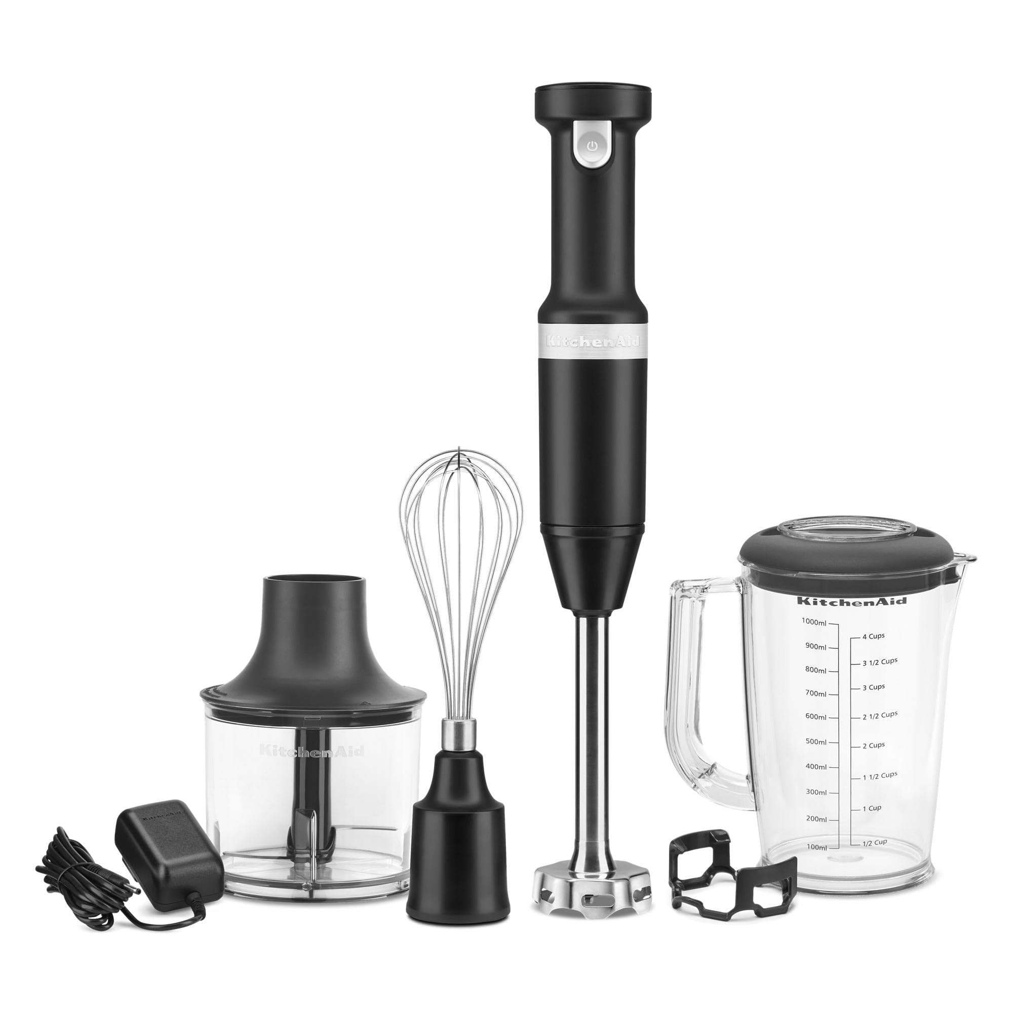 dc3e9d757401f717f3dfcbe1ee05d8e85bae5c2db9142179b2036db5b99337ea.jpg KitchenAid Cordless Variable Speed Black Matte Hand Blender with Chopper and Whisk Attachment - Image 1