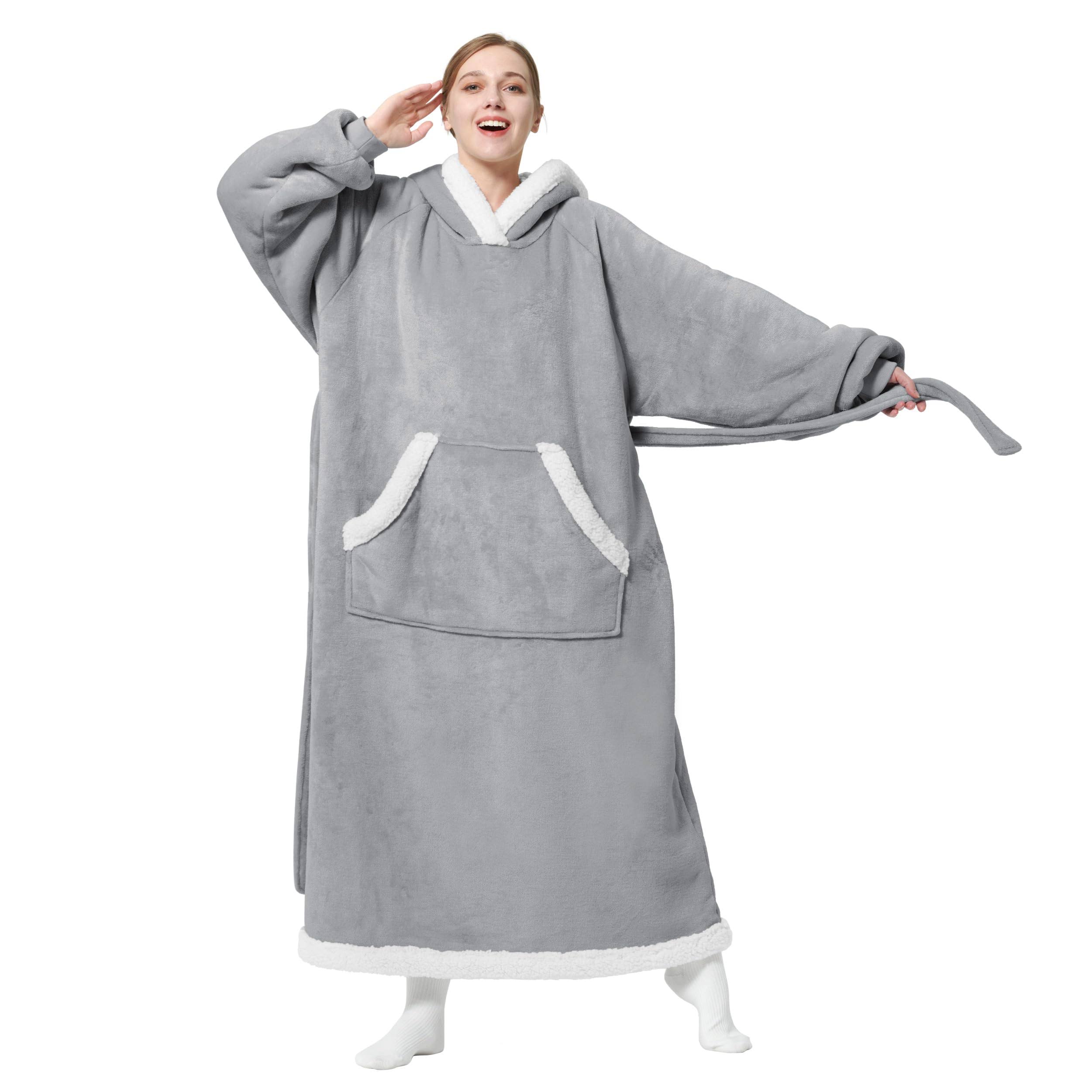 dc6ff340d353e27383d98586cfe7fef5dad603163bb925fb1b46342239eaf444.jpg Bedsure Blanket Hoodie Women Men - Long-Length Wearable Hooded Blanket Sweatshirt Adult with Side Split and Belt, Warm Sherpa fl - Image 1