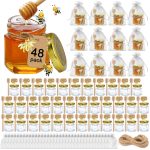 Aliggbent Honey Jars,48 Pack Mini Honey Jars Party Favors in Bulk, 15 oz Hexagon Small Glass Honey Jars with Dipper, Gold Lids, Cute Bee Pendants, Gif