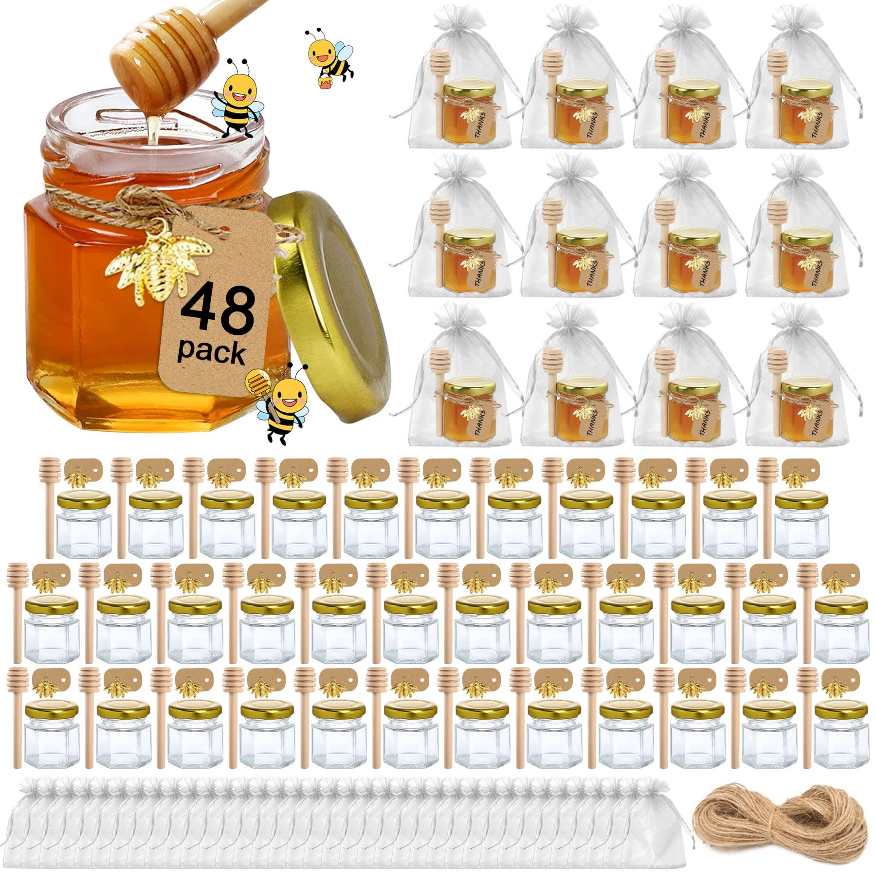 dc76809ae79855ca0813a9555ca6d82915126c7a1f843de16515425981605607.jpg Aliggbent Honey Jars,48 Pack Mini Honey Jars Party Favors in Bulk, 15 oz Hexagon Small Glass Honey Jars with Dipper, Gold Lids, Cute Bee Pendants, Gif - Image 1