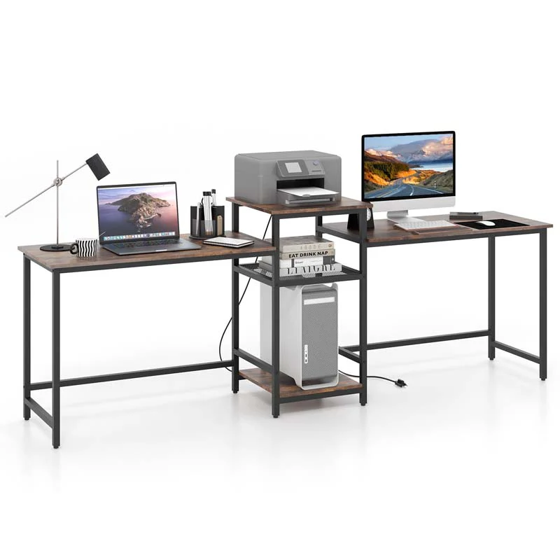 dc957e9f02ab3aeeef8f6c60759a0df28293e7849b9e067093b2f9fbd238ae96.webp 97" Extra Long 2-Person Computer Desk with Power Outlet and Printer Stand, Home Office Computer Workstation Double Gaming Table - Image 1