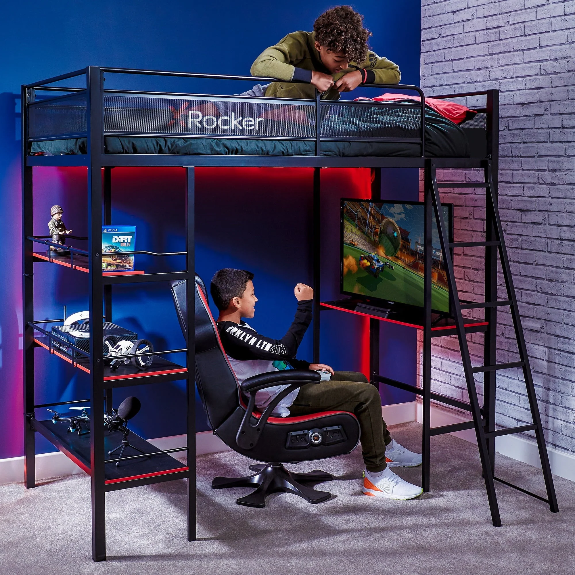 dcc12538fff54483c03452779ca8f7def224d8c1099f7cadde977ef070dfc43a.webp X Rocker Fortress Gaming Bunk with Desk and Shelves, Twin, Black/Red, Loft Bed, Children, Teen - Image 1