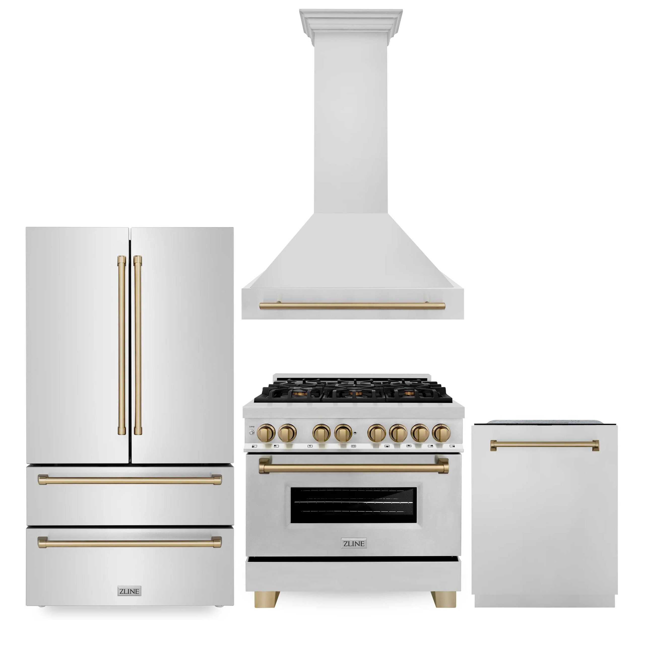 dcda58f786100431640bc3c92cc526132f7a83ee1ef6042a9c37cd8420e2a07a.jpg ZLINE 36" Autograph Edition Kitchen Package with Stainless Steel Dual Fuel Range, Range Hood, Dishwasher and Refrigeration with Champagne Bronze - Image 1