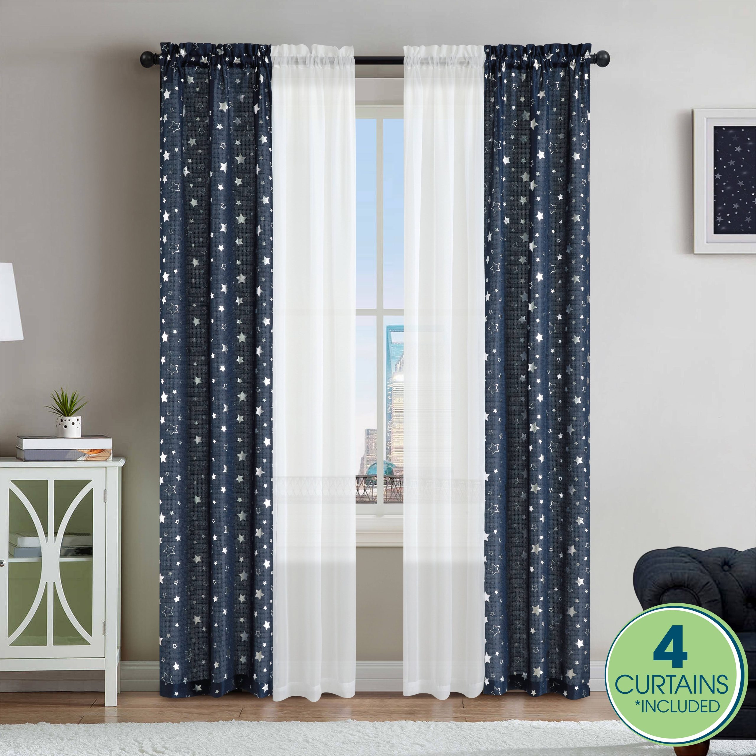 dce6f59218265603fb176f6127c437428fcae534db3282318147a3a25beb58ec.jpg Your Zone 4 Piece Curtain Panel Set, 27.5 inch x 84 inch Inches Panels, Foil Stars Navy - Image 1