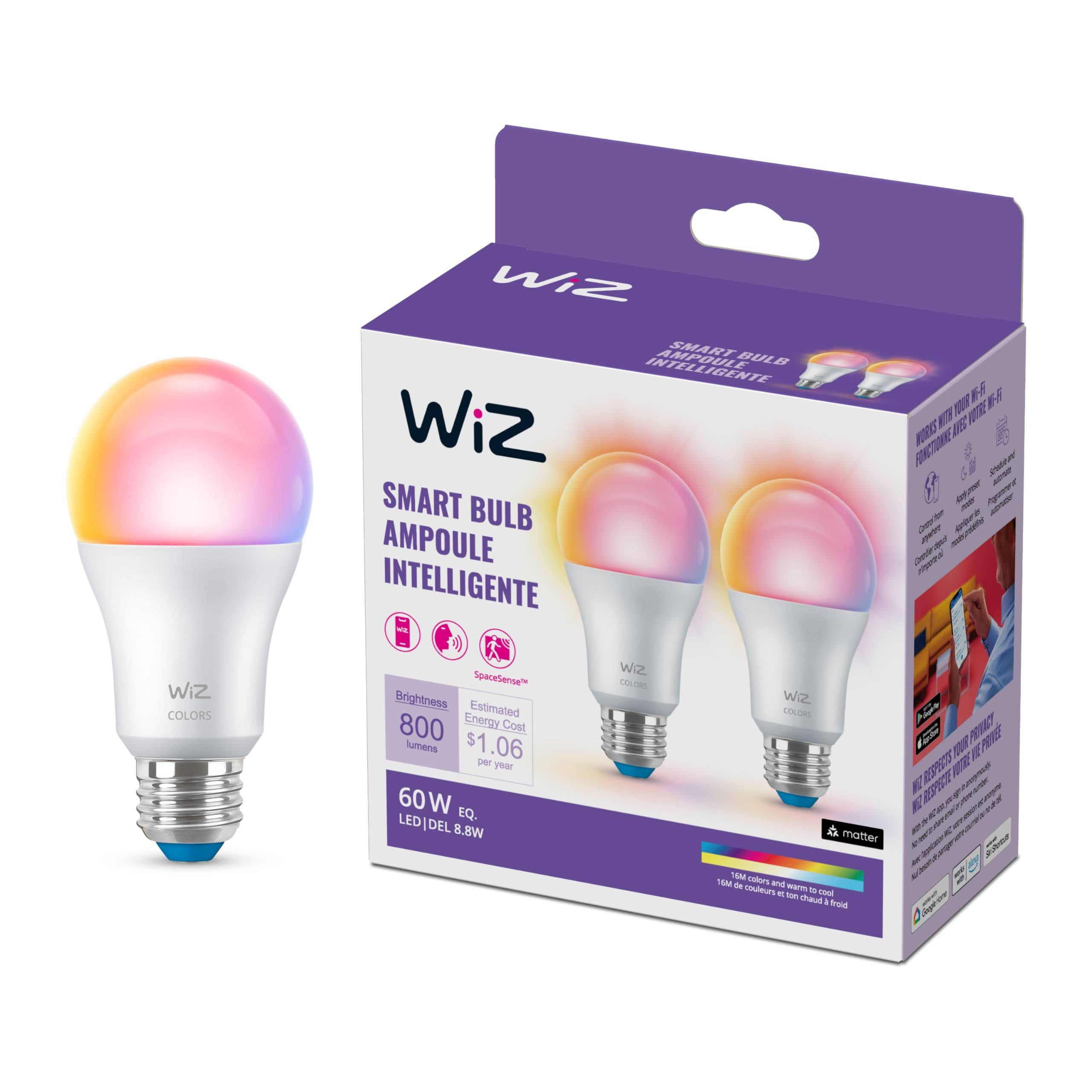 dce80725a7a28f03b88584ff5945113b9bb2602004d45e2a7170382feda2efbb.jpg Wiz A19 Color Bluetooth LED Smart Bulb 2 Pack - Image 1