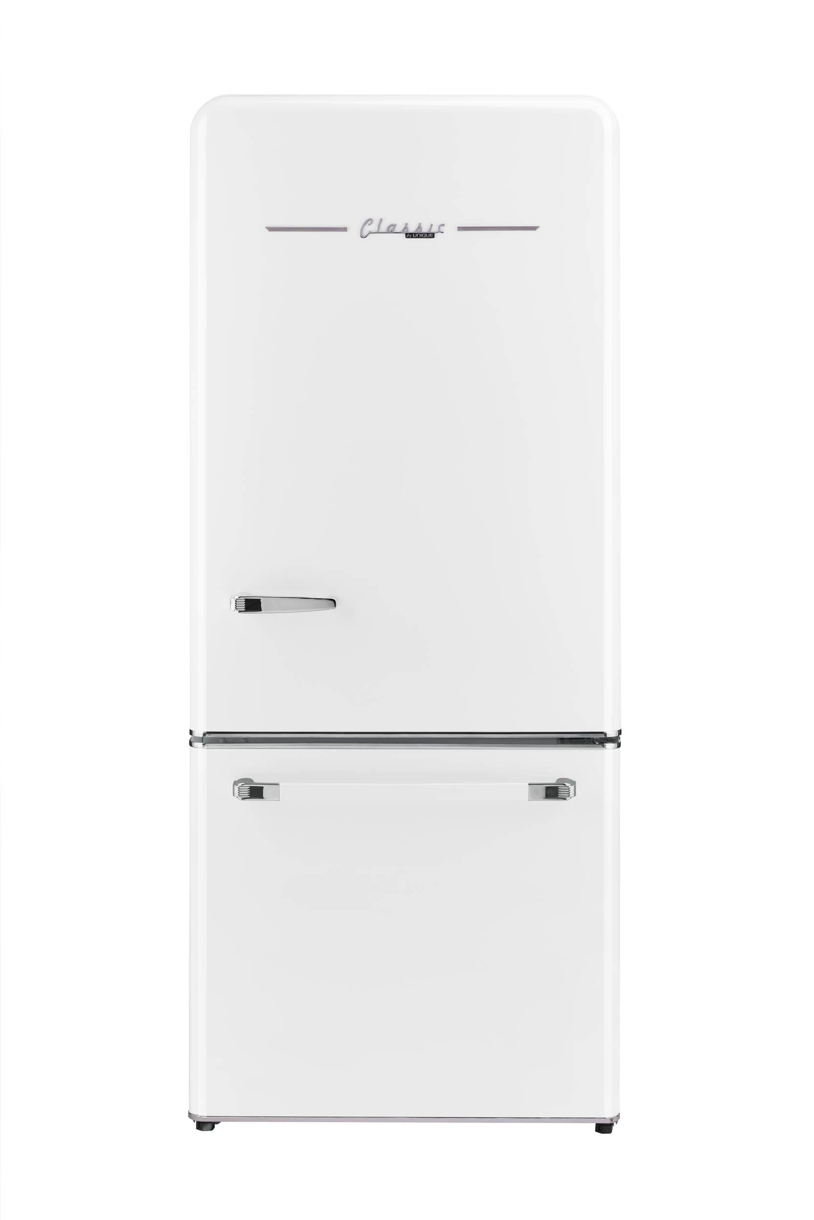 dd0838c7b9f6ebd6ba1374437e0421824f3d577524003c279a5e1d6475827f9a.jpg Unique Appliances UGP-510L AC Classic Retro 30 inch Wide 17.7 Cu. ft. Energy Star Certified Bottom Freezer Refrigerator with Wine Rack - Image 1