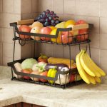 GILLAS 2 Tier Countertop Fruit Basket with 2 Banana Hangers for Kitchen, Detachable Metal Organizer for Bread Vegetable Fruits with Wooden Handle,