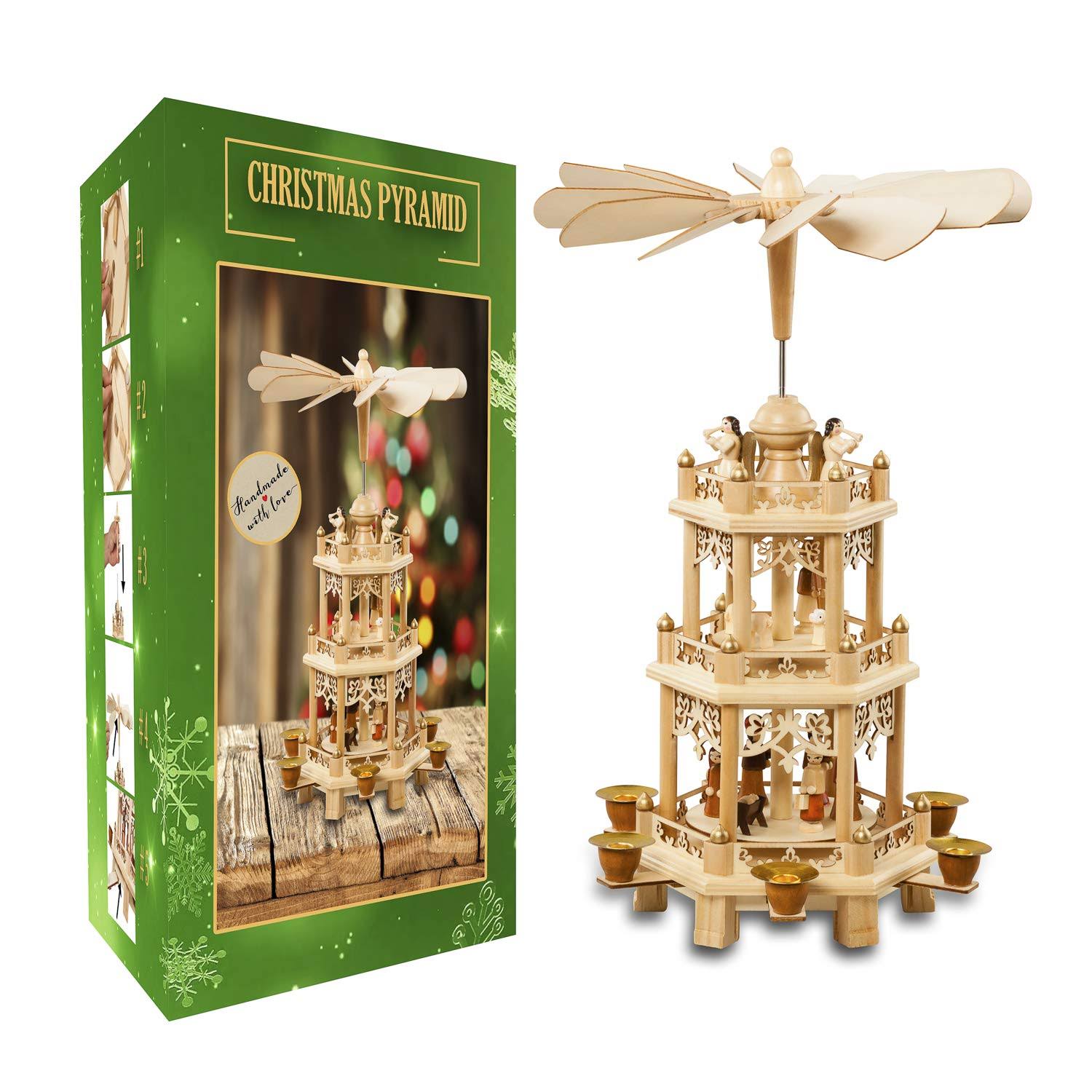 dd4b1c275832161b94bcdb5b363e0d260ce244b358240a7f949e4f879c912923.jpg German Christmas Decoration Pyramid 18 Inches Nativity Scene. Holiday Nativity Carousel.6 Candle holders. German Design - Image 1