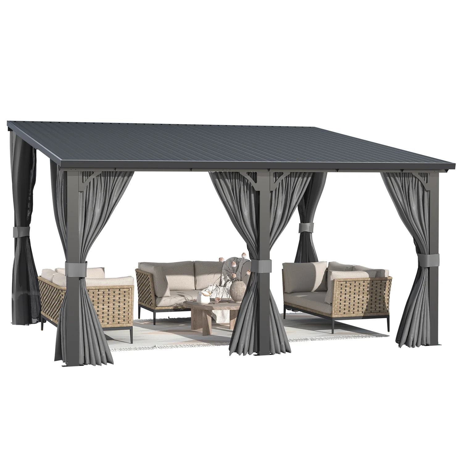 dd68dadd9abc9b9c8b1fe8376449187ce72e12a5b6e2950b5a6b0208e3d04aa9.webp AECOJOY 14'x12' Outdoor Hardtop Metal Gazebo with Curtain and Netting - Image 1