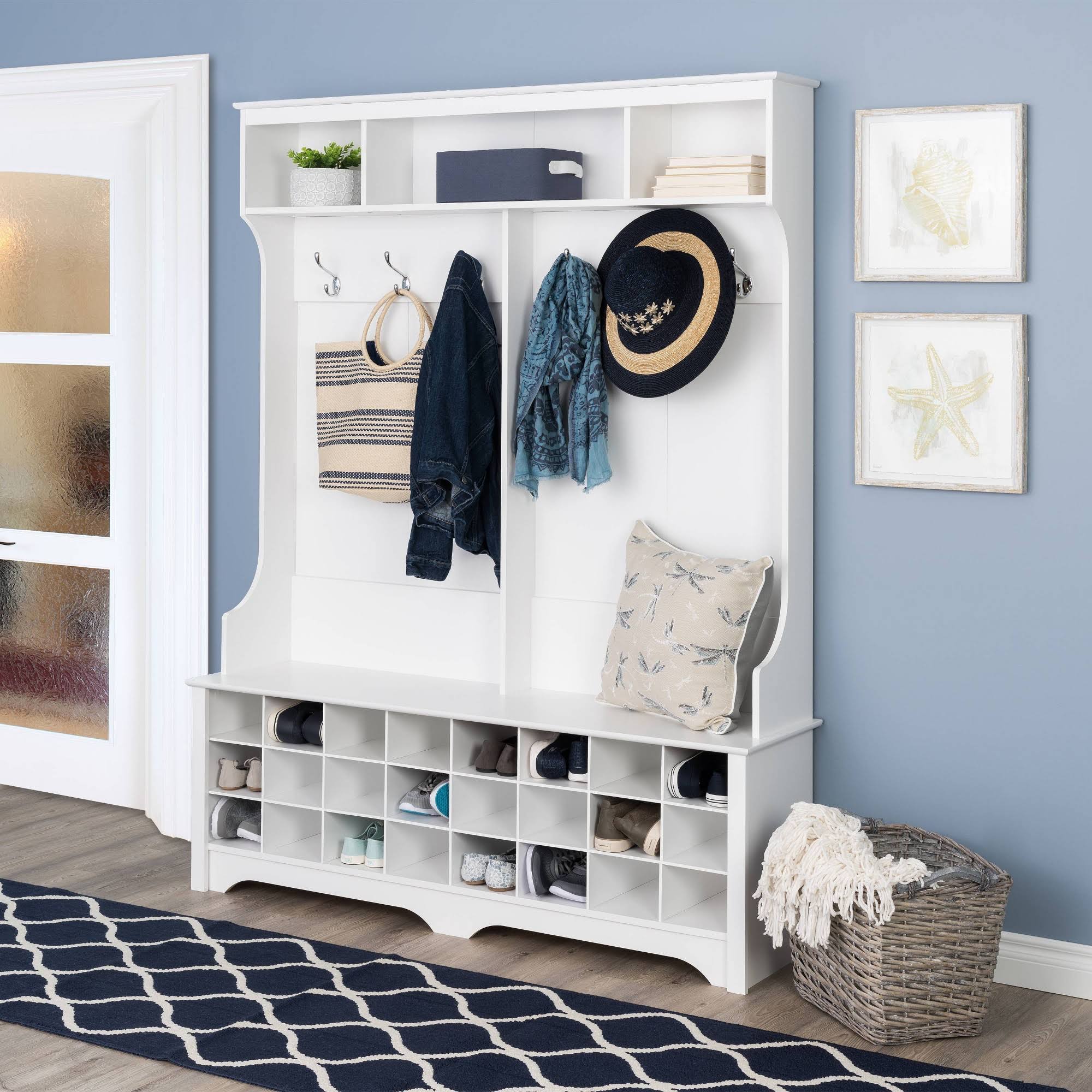 dd6ce06db16f9b98a4d7d8e7798fead3e7d07751a9c883c0d78963d6f41f0e89.jpg Prepac 60" Wide Hall Tree with 24 Shoe Cubbies, White - Image 1