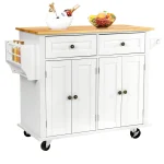 Richya Kitchen Island with Storage, Rolling Kitchen Cart with Lockable Wheels, Rubber Wood Tabletop Kitchen Island Table for Kitchen, Living Room, White