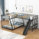 Metal L - Shaped Twin Over Full Bunk and Loft Bed with Desk for Kids, Black