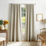 Martha Stewart Bedford Woven Plaid Blackout Back Tab Window Curtain Panel Pair, 95", Linen