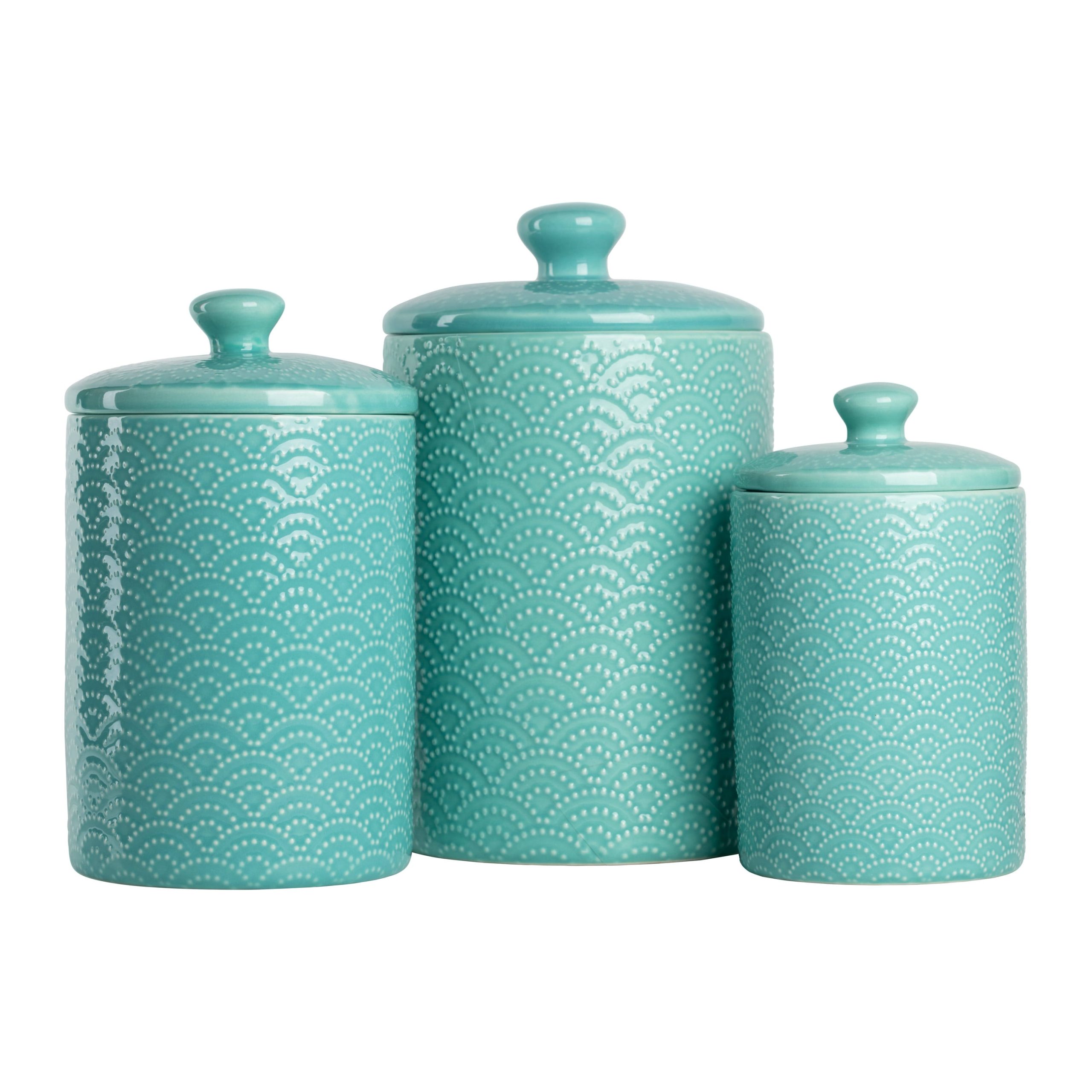 de88eded087648f5268435df0c4aaa6e4d28e7d975821ef85ce718099c0ec5fd.jpg 10 Strawberry Street Tide Embossed 3 Piece Ceramic Canister Set (Blue) - Image 1
