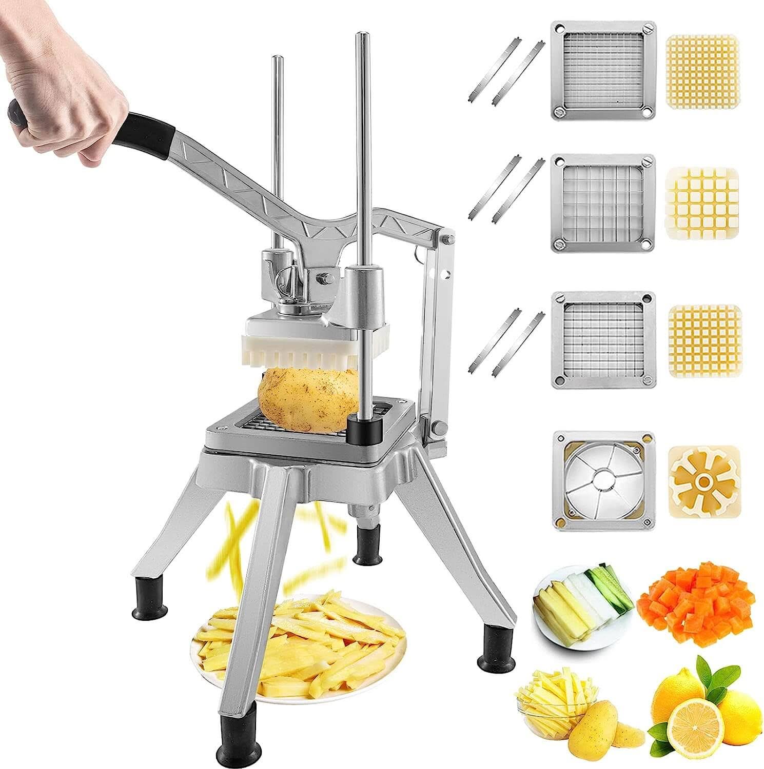 de9de5d737f7dfc5b6bdf81ca0595d9a19351c10d51fd49c33a167cbd2a4dee3.jpg VEVOR Commercial Chopper w/ 4 Replacement Blades Commercial Vegetable Chopper Stainless Steel French Fry Cutter Potato Dicer & Slicer Commercial - Image 1