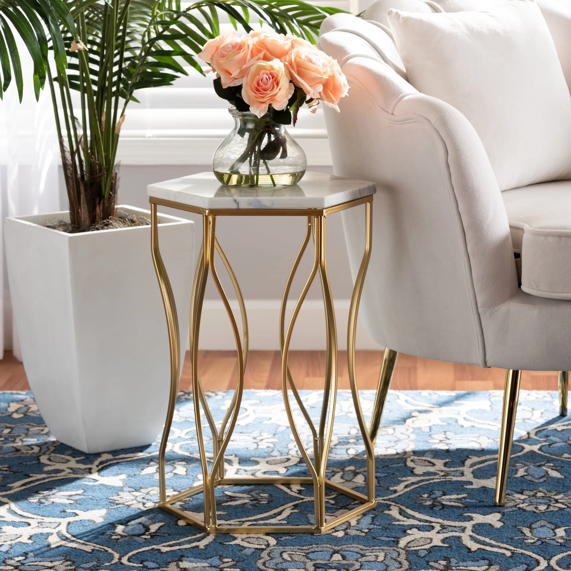 dec92fc7277307793b87c92af6f039aa597029b0b0ca81205d07eee9fe60cb28.webp Baxton Studio Kalena Modern and Contemporary Gold Metal End Table with Marble Tabletop - Image 1