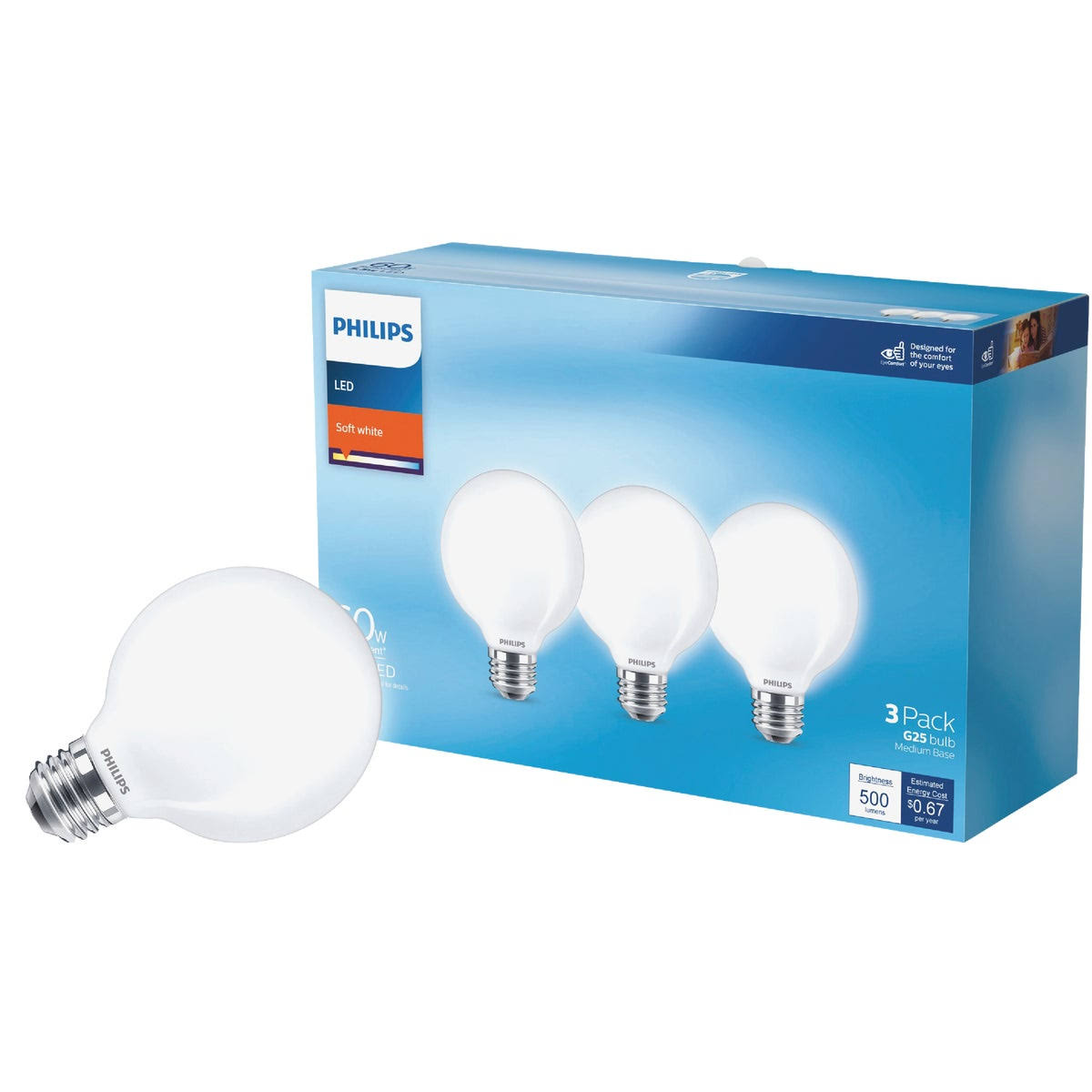 df7c64e61c3ea17debd4eae400f4a0bdfcb47517499cf2effcc785f34bedc934.jpg Philips - 567529 - 60W Equivalent Soft White G25 Medium Frosted LED Decorative Light Bulb (3-Pack) - Image 1