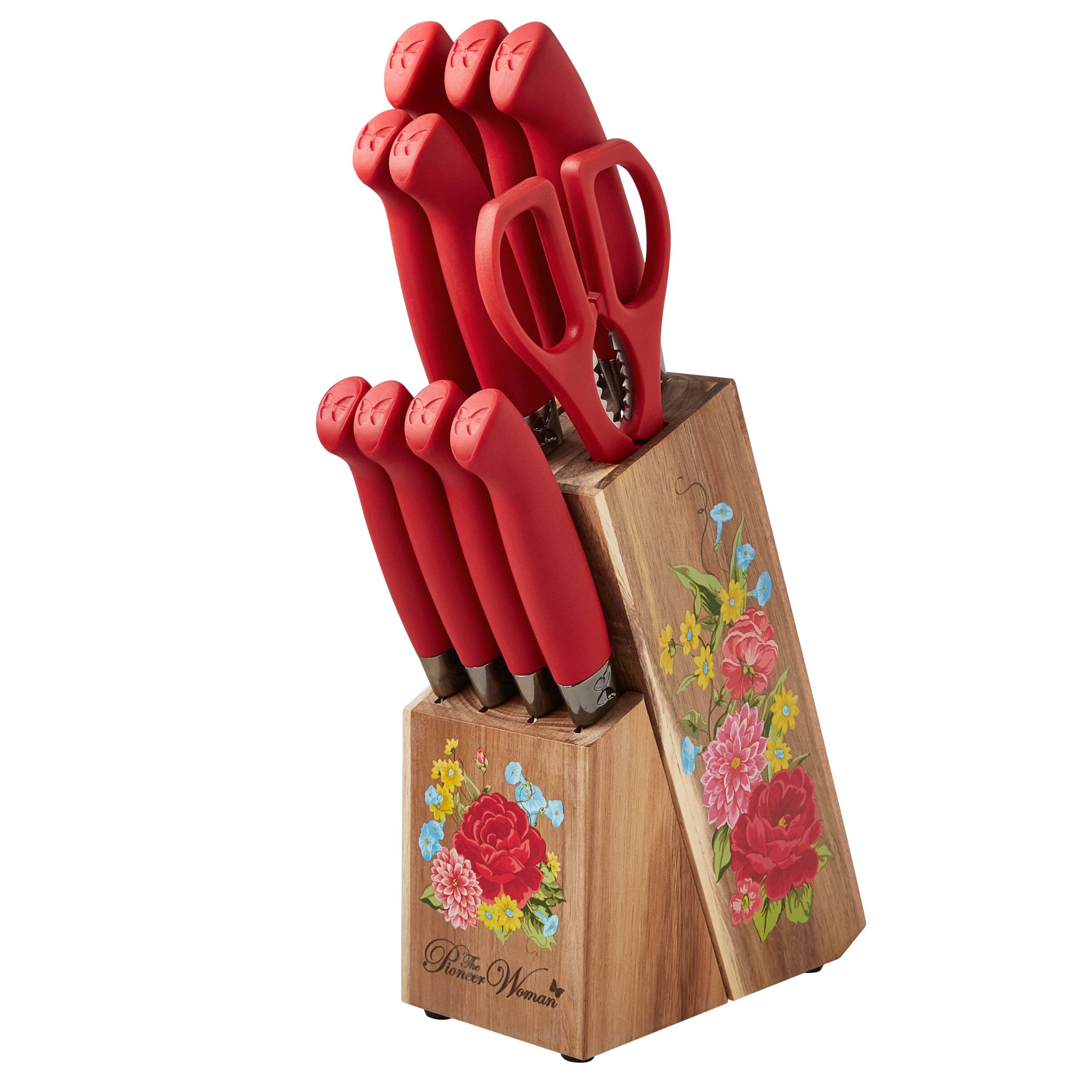 dfe5c5b4e4e9a7f575af0bb677bbb1180c5bc8f90a818e8f0b1e78b88ebce88c.jpg The Pioneer Woman Sweet Rose 11-Piece Stainless Steel Knife Block Set, Red - Image 1