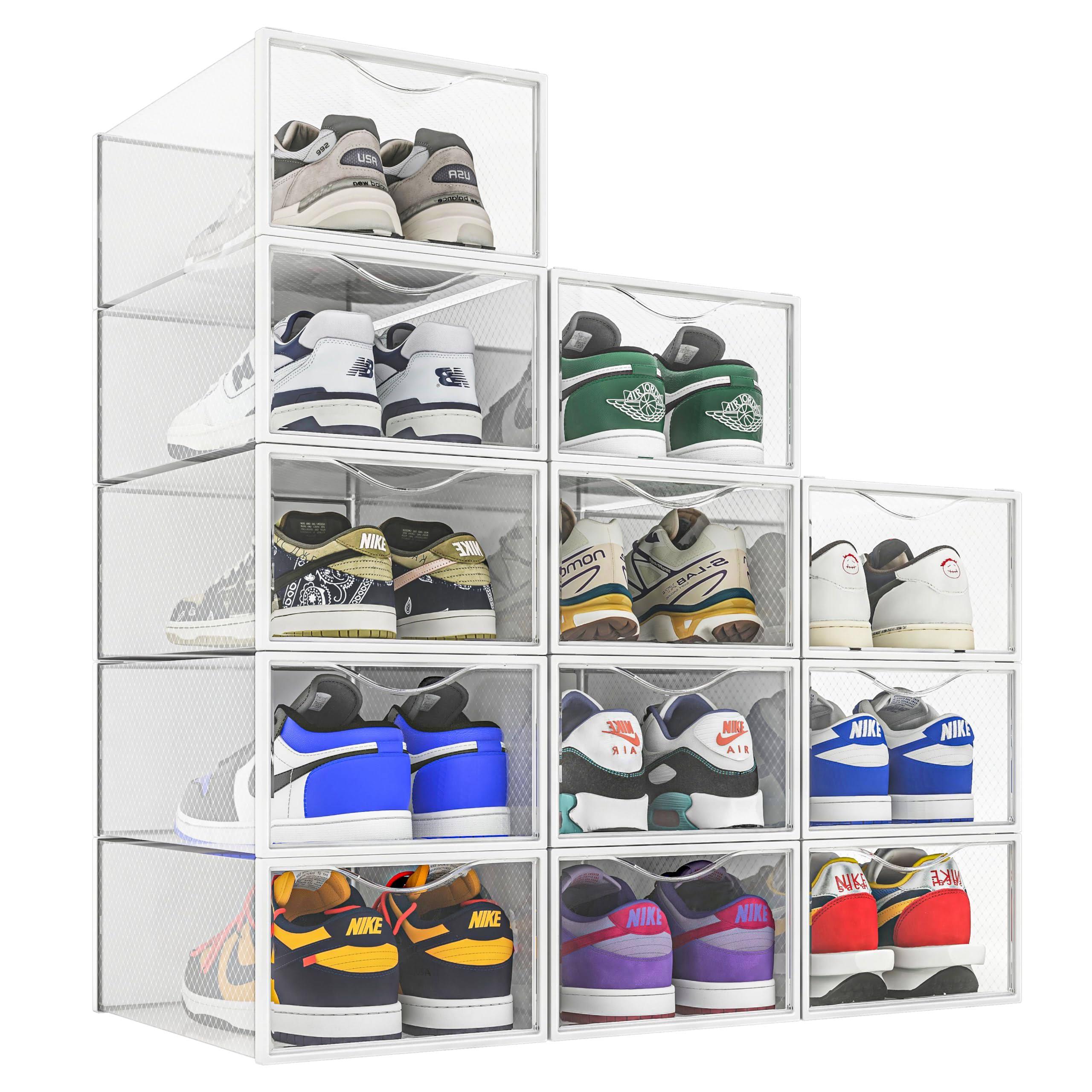 e0798627de316d4ac72935e60478e536fcc8af11f19f4e754bb535145ec404de.jpg 12 Pack Shoe Storage Bins, Clear Plastic Stackable Shoe Organizer for Closet, Space Saving Foldable Shoe Rack, Shoe Box Sneaker Holder Container - Image 1