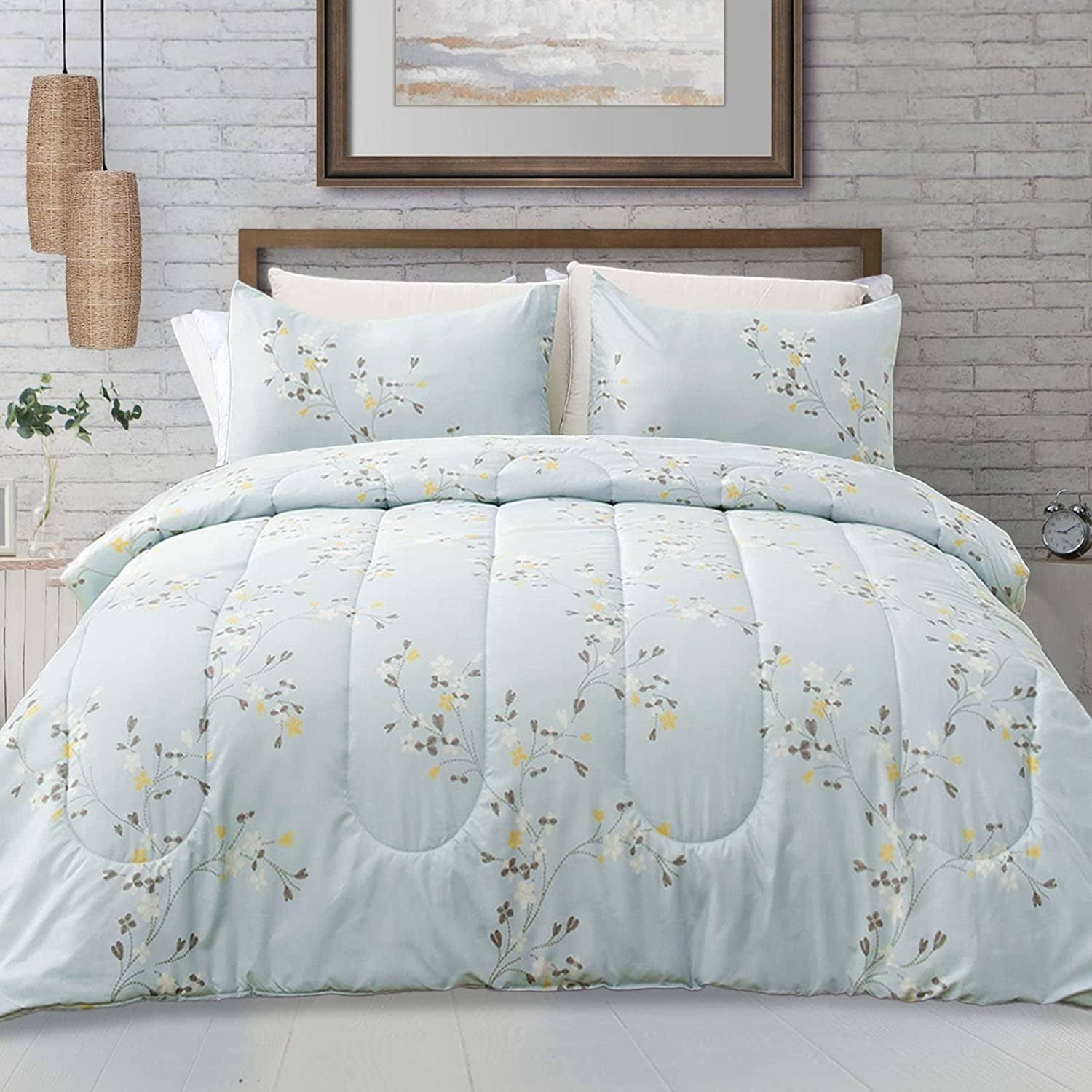 e09021acde5d6cd2d068d7a9eef5c8f6a01ea6fd8b9fe4fc360cc71623de56d6.jpg Exclusivo Mezcla 3-Piece Flower King Size Comforter Set, Microfiber Bedding Down Alternative Comforter for All Seasons with 2 Pillow Shams, Baby Blue - Image 1