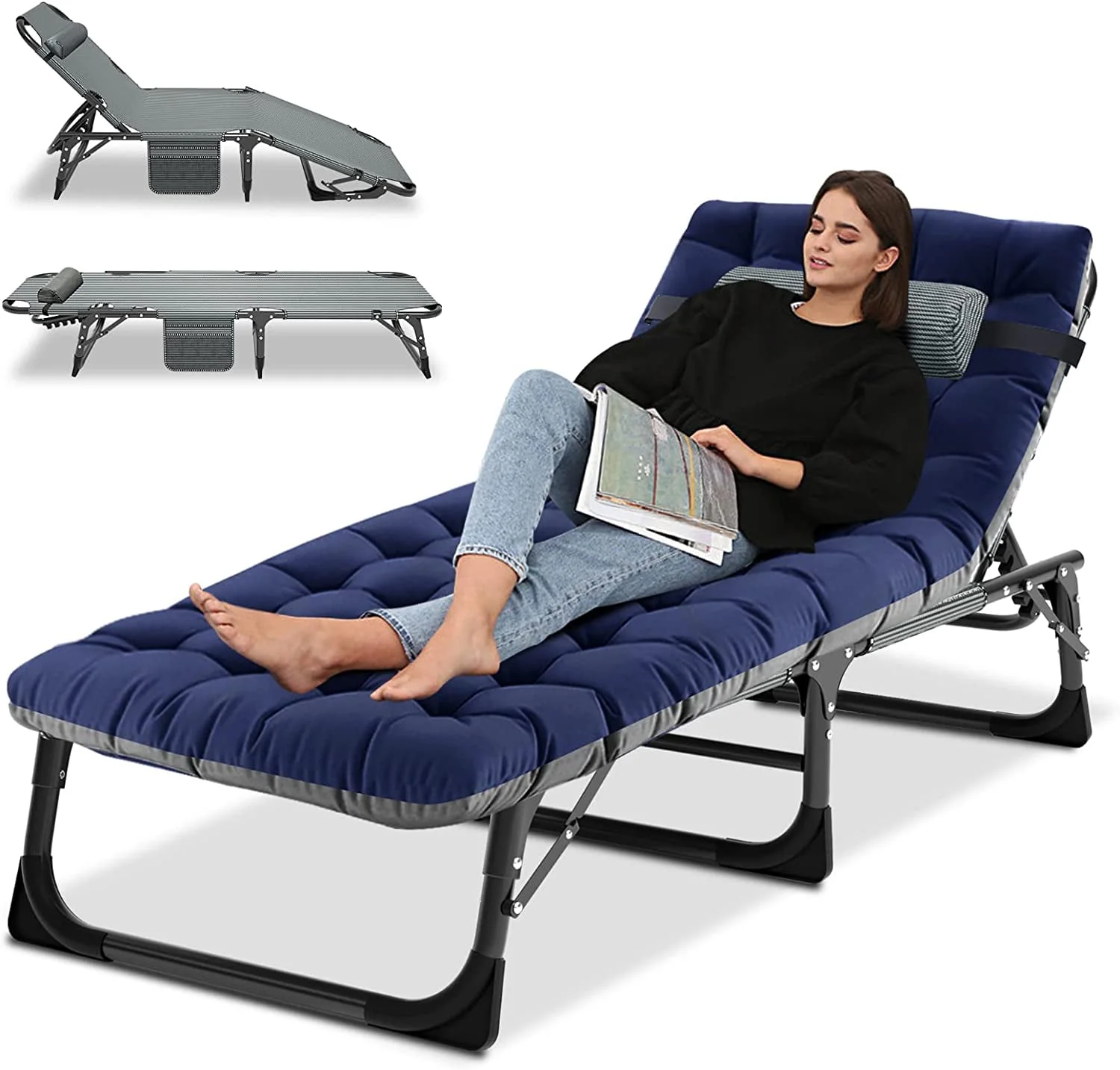 e107c145aa9d9d54cbca8c7b21740c26e6bb346538f20155dd83569f57e769b2.webp Slsy Folding Sleeping Cots Bed with 2 Sided Mattress & Pillow, Folding Camping Cot, Adjustable 4 - Position Folding Lounge Chair - Image 1