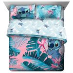 Lilo & Stitch Blue/Pink Tropical Flowers Kids Bed in A Bag Bedding Set w/ Reversible Comforter, Size: Full