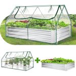 SEJOV Galvanized Raised Garden Bed with Cover, Outdoor Metal Planter Box 2 Roll-Up Windows Mini Greenhouse for Growing Flowers Fruits Vegetables and