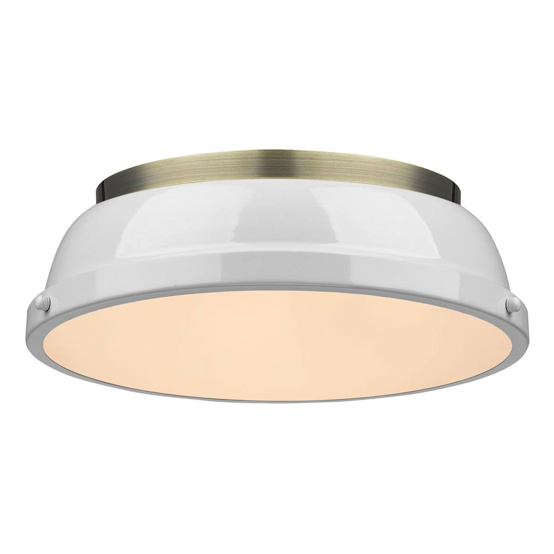 e17372b6dfffa62689315dbb976295ebb59975bd7c2b5b37e46f574c2ea06571.jpg Golden Lighting 3602-14 AB-WH Duncan Flush Mount Light, Aged Brass - Image 1