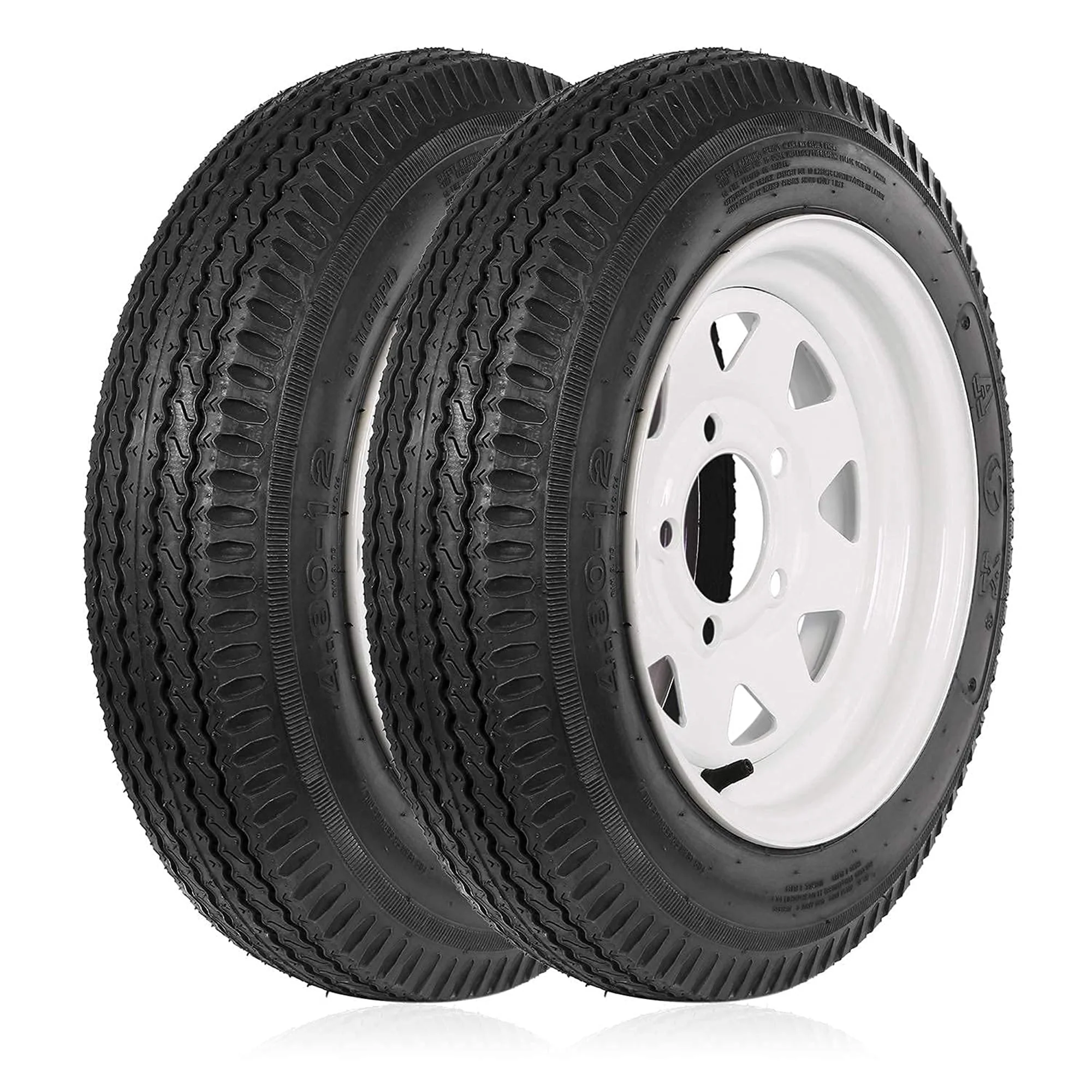 e189fdad7cb0178ff79bceac71394e8938edc57062c32252309eb4d9e7499729.webp 1autodepot 4.80 - 12 4.80x12 480 - 12 4.8 - 12 Trailer Tires with Rims, 5 Lug 6PR Load Range C, Set of 2 - Image 1
