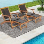 3-Piece Patio Lounge Chair Set, Acacia Wood Rattan Wicker Folding Chaise Lounge with Retractable Ottoman & Side Table, Deck Chairs Table for Poolside