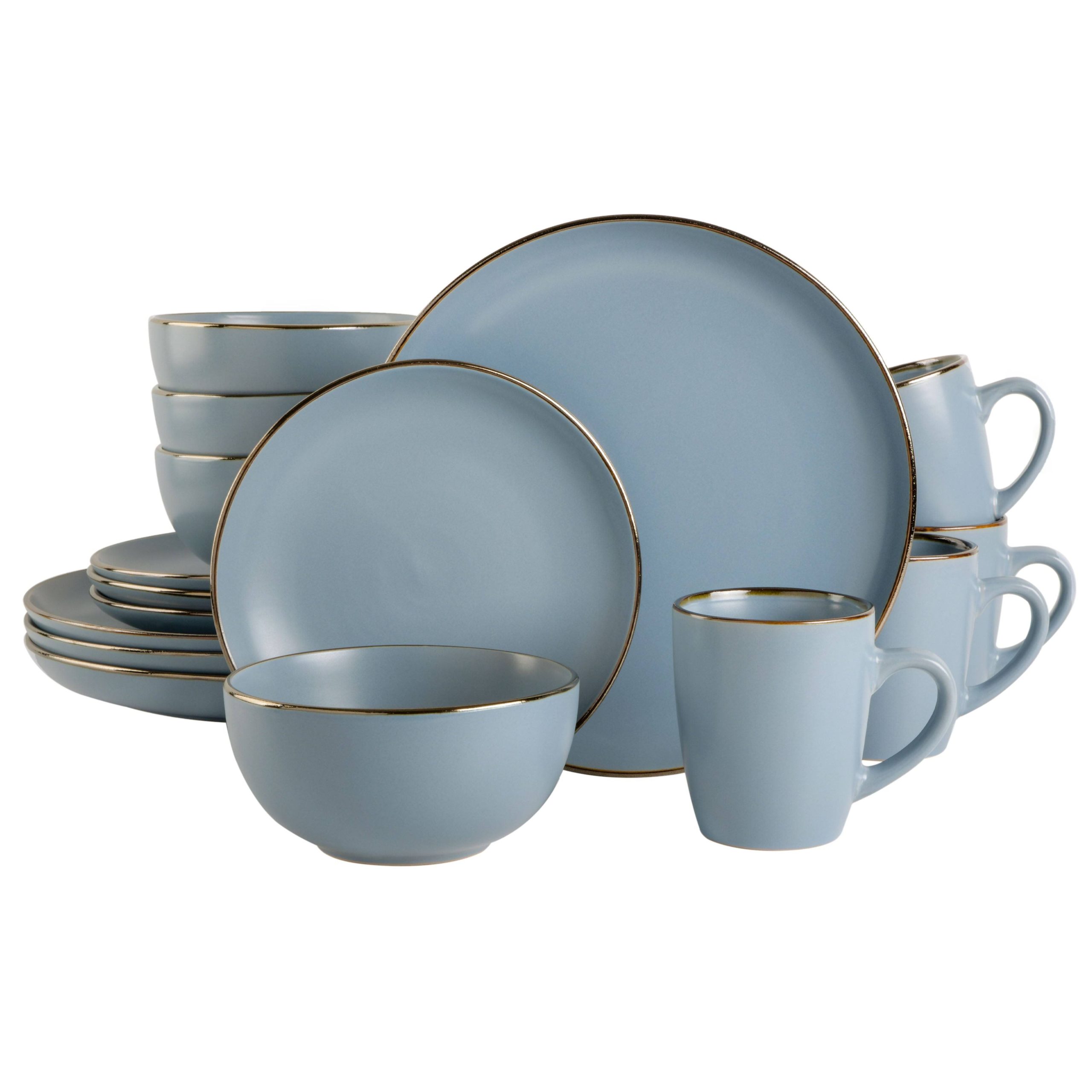 e19ff26dc9a41267e0f0001f8e571db083dceb286def9fa9cdb0acd439eb5480.jpg Gibson Home Rockaway Gold 16-Piece Stoneware Dinnerware Set Matte Blue - Image 1