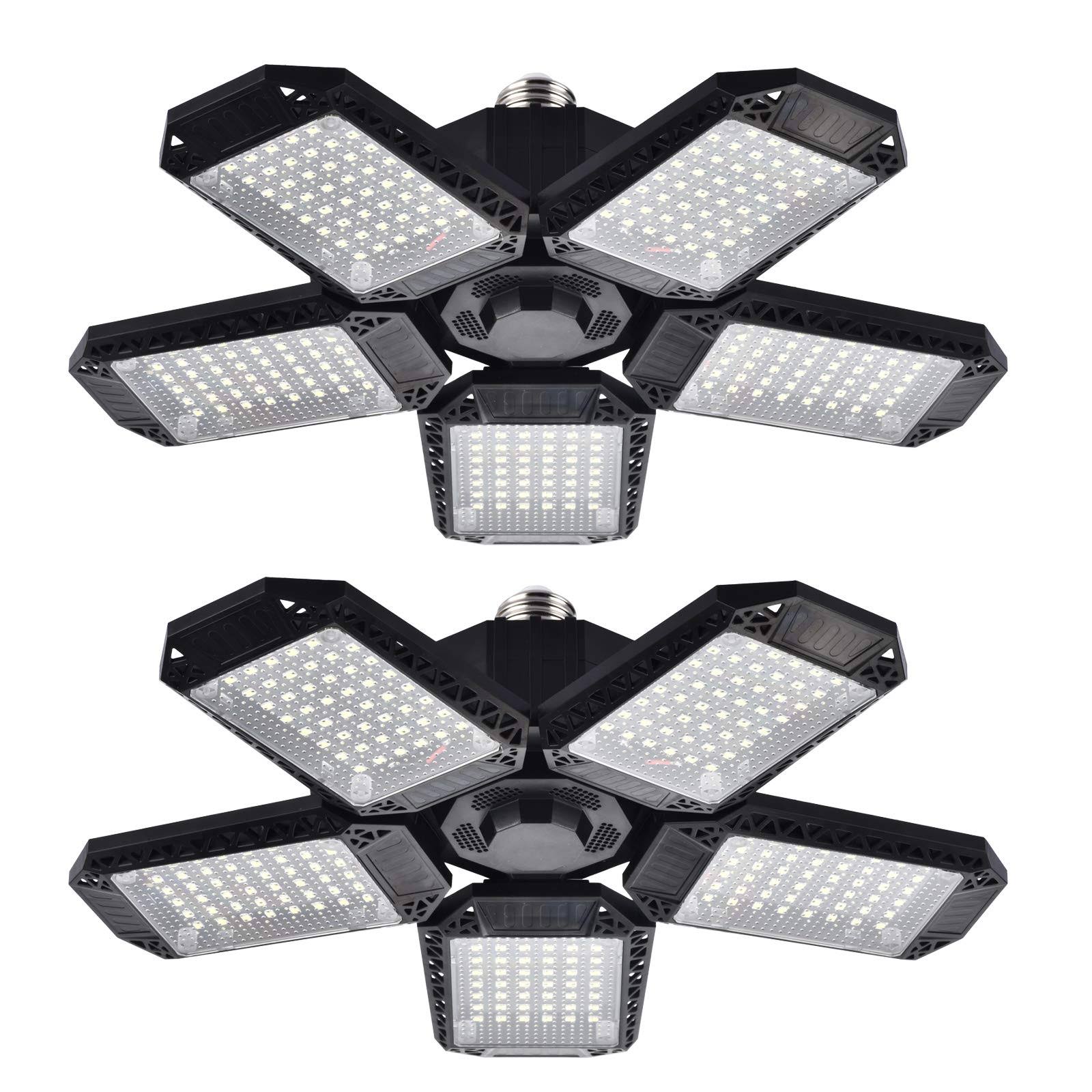 e1cee599459af0bd48c20f709664de30ff4d04afe2a3c09e890c241474a041a1.jpg Mefflypee 2 Pack LED Garage Lights, 120W Deformable LED Garage Ceiling Lights with 5 Adjustable Panels, 12000lm E26 LED Shop Lights for - Image 1