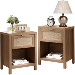 Surmoby Rattan Nightstand Set of 2, Farmhouse Bedside Tables with Drawer and Storage Shelf, Natural Boho End Table Side Table for Bedroom, Living Room