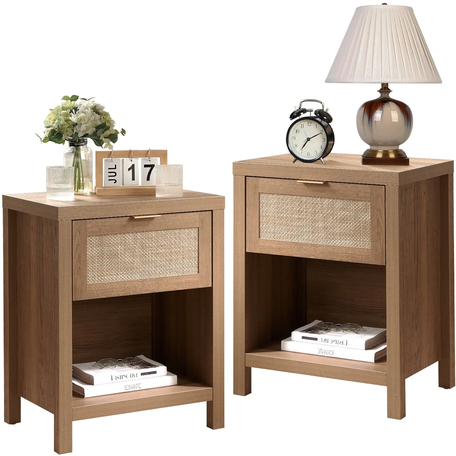 e1da7ccc83f90a1ab728a548f37bb8fe42a3e3ab0542140f86160627ea213c8a.webp Surmoby Rattan Nightstand Set of 2, Farmhouse Bedside Tables with Drawer and Storage Shelf, Natural Boho End Table Side Table for Bedroom, Living Room - Image 1